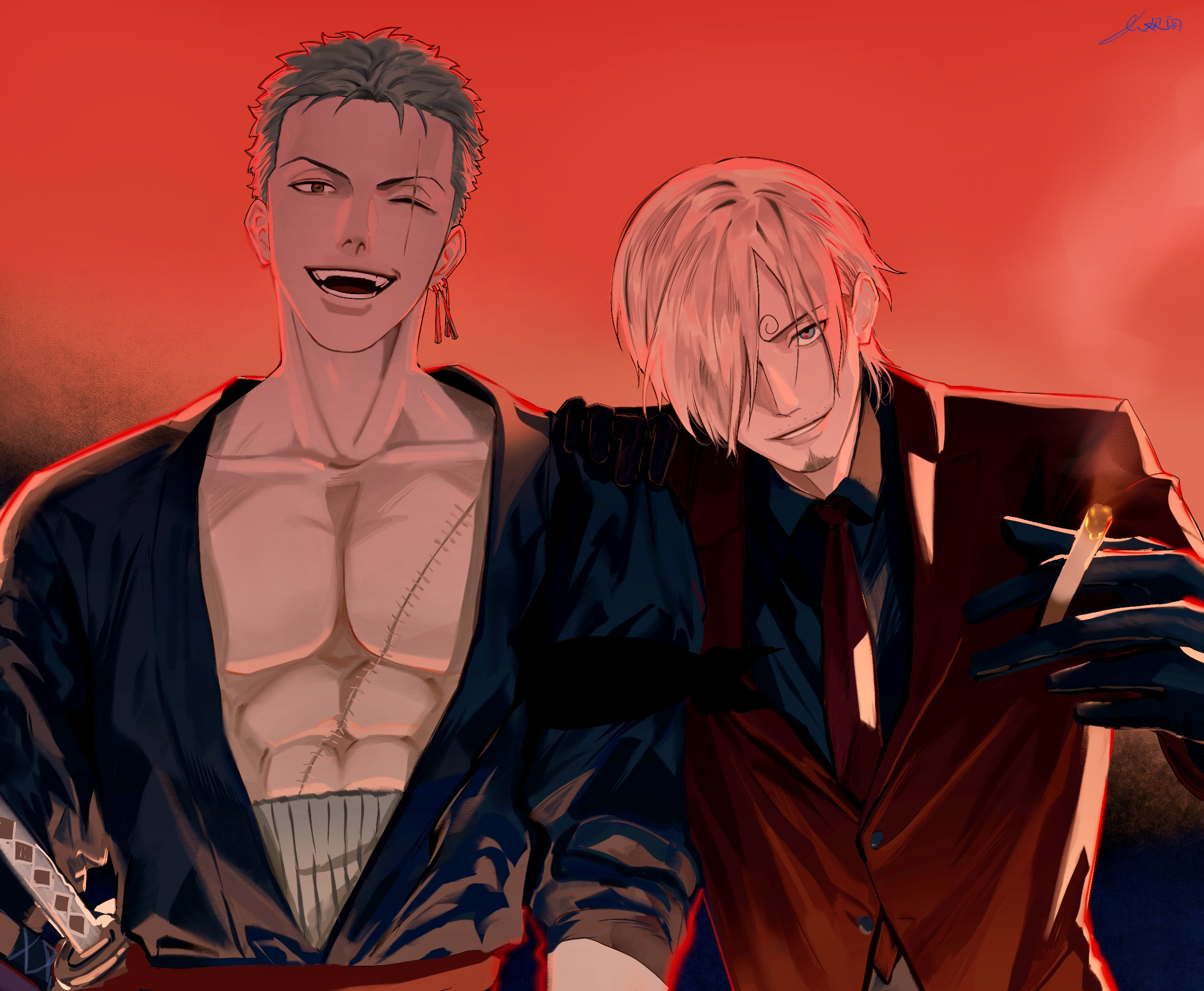 kotomine (a1569), roronoa zoro, sanji (one piece), one piece, highres, 2boys, bare pectorals, black gloves, blonde hair, cigarette, collarbone, earrings, facial hair, gloves, goatee, green hair, hair over one eye, jacket, jewelry, leaning on person, looking at viewer, male focus, multiple boys, open mouth, parted lips, pectorals, red background, red jacket, short hair, stitched torso, stitches, sword, upper body, weapon
