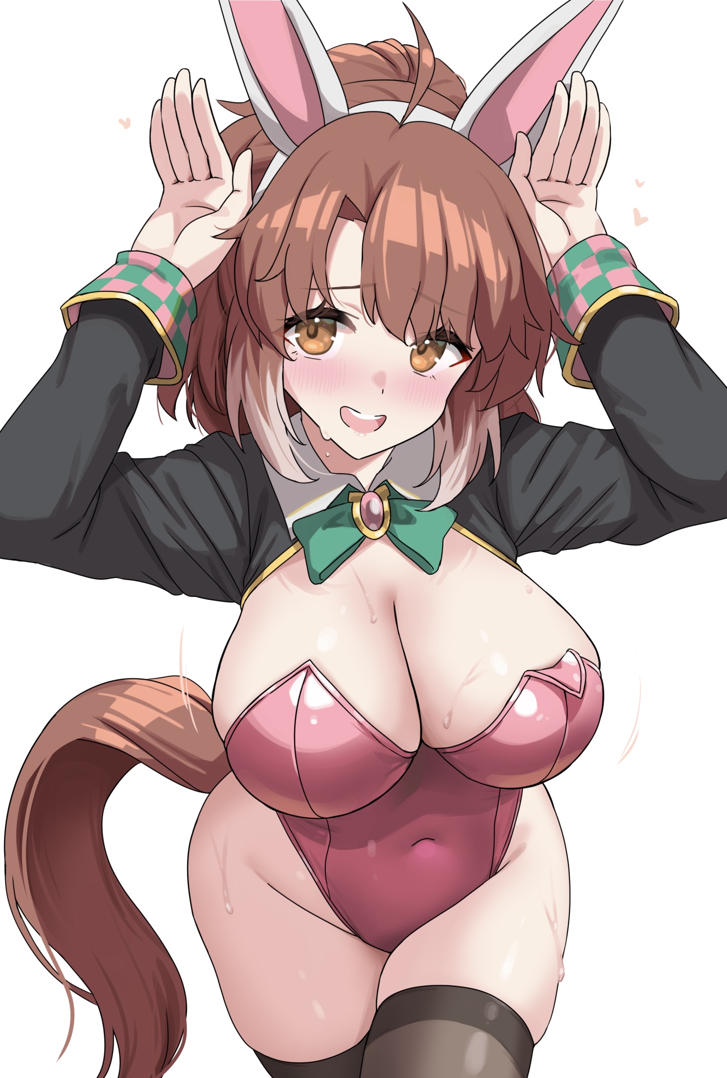 kibihimi, dantsu flame (umamusume), umamusume, commentary request, highres, 1girl, alternate costume, animal ear hairband, animal ears, arms up, black shrug, black thighhighs, blush, bow, bowtie, breasts, brown eyes, brown hair, brown tail, cleavage, cowboy shot, fake animal ears, green bow, green bowtie, hairband, highleg, highleg leotard, horse ears, horse girl, horse tail, large breasts, leaning forward, leotard, long hair, looking at viewer, nervous smile, open mouth, pink leotard, rabbit ear hairband, rabbit ears, shrug (clothing), simple background, skindentation, smile, solo, strapless, strapless leotard, sweat, tail, thighhighs, thighs, white background, white streaks