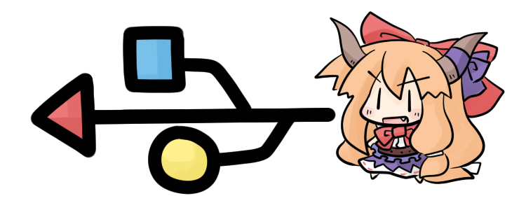 yanagi (nurikoboshi), ibuki suika, touhou, 1girl, chibi, fang, female focus, hair ribbon, horns, orange hair, ribbon, simple background, solo, usb, | |