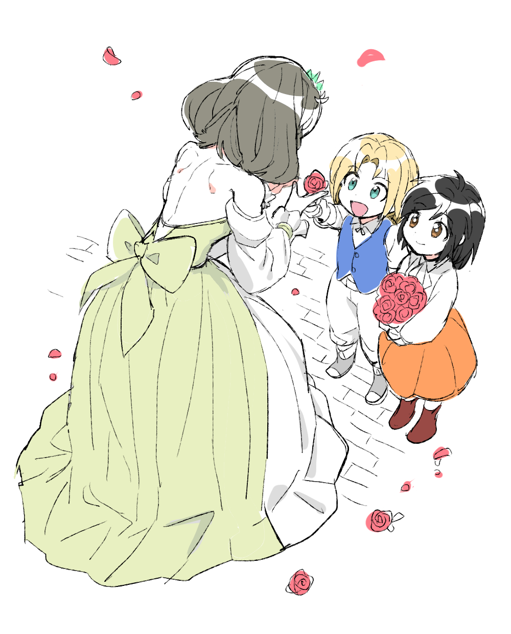 dede (qwea 00000), garnet til alexandros xvii, sphene (ff14), zidane tribal, final fantasy, final fantasy ix, final fantasy xiv, highres, 1boy, 2girls, aged down, backless dress, backless outfit, black hair, blonde hair, blue eyes, blue vest, bouquet, brown eyes, dress, flower, holding, holding bouquet, in-franchise crossover, looking at another, multiple girls, off-shoulder dress, off shoulder, open mouth, rose, smile, tiara, vest
