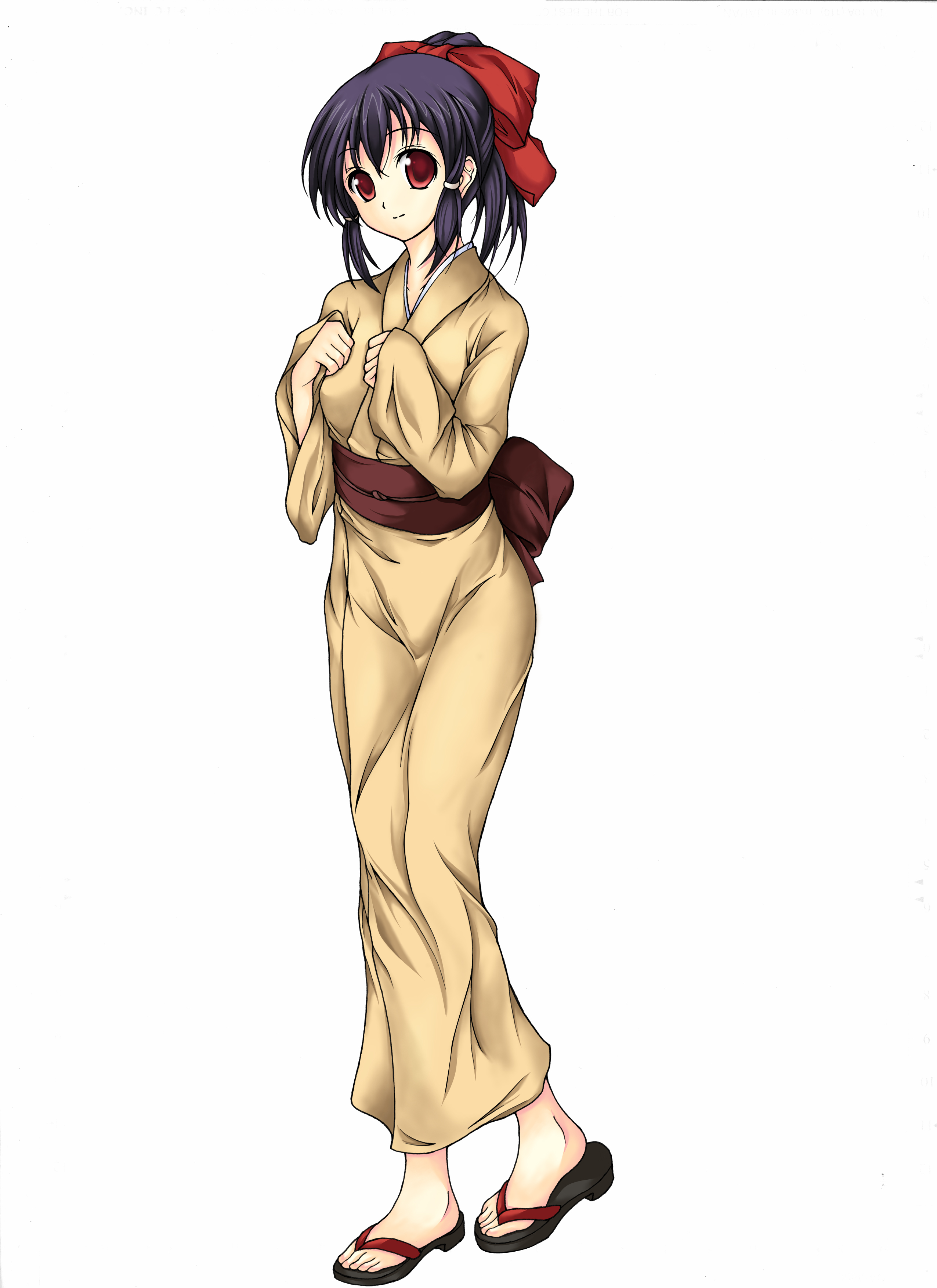 juunin toiro (silent123), silent123, original, absurdres, highres, 1girl, blue hair, female focus, hair ribbon, japanese clothes, kimono, ponytail, red eyes, ribbon, sandals, solo, yellow kimono, yukata