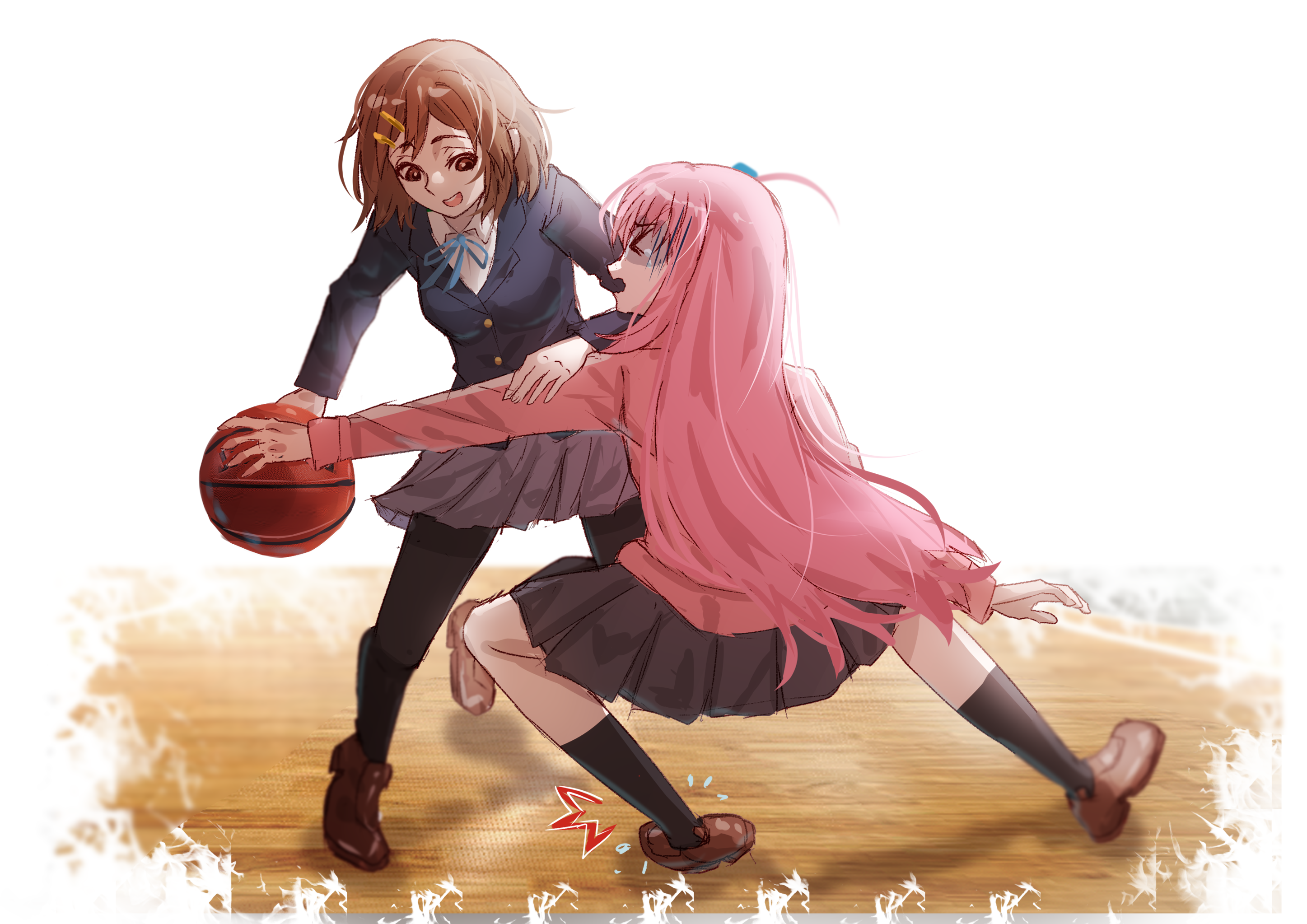 hh (hehexd06161704), gotoh hitori, hirasawa yui, bocchi the rock!, k-on!, highres, > <, 2girls, ball, basketball, basketball (object), black jacket, black pantyhose, black skirt, black socks, blue ribbon, brown eyes, brown hair, collared shirt, crossover, cube hair ornament, grey skirt, hair ornament, hairclip, holding, holding another's arm, holding ball, jacket, long hair, long sleeves, medium hair, multiple girls, neck ribbon, open mouth, pantyhose, pink hair, pink track suit, pleated skirt, ribbon, sakuragaoka high school uniform, school uniform, shaded face, shirt, side ahoge, simple background, skirt, socks, tearing up, teeth, track jacket, track suit, upper teeth only, white background, white shirt