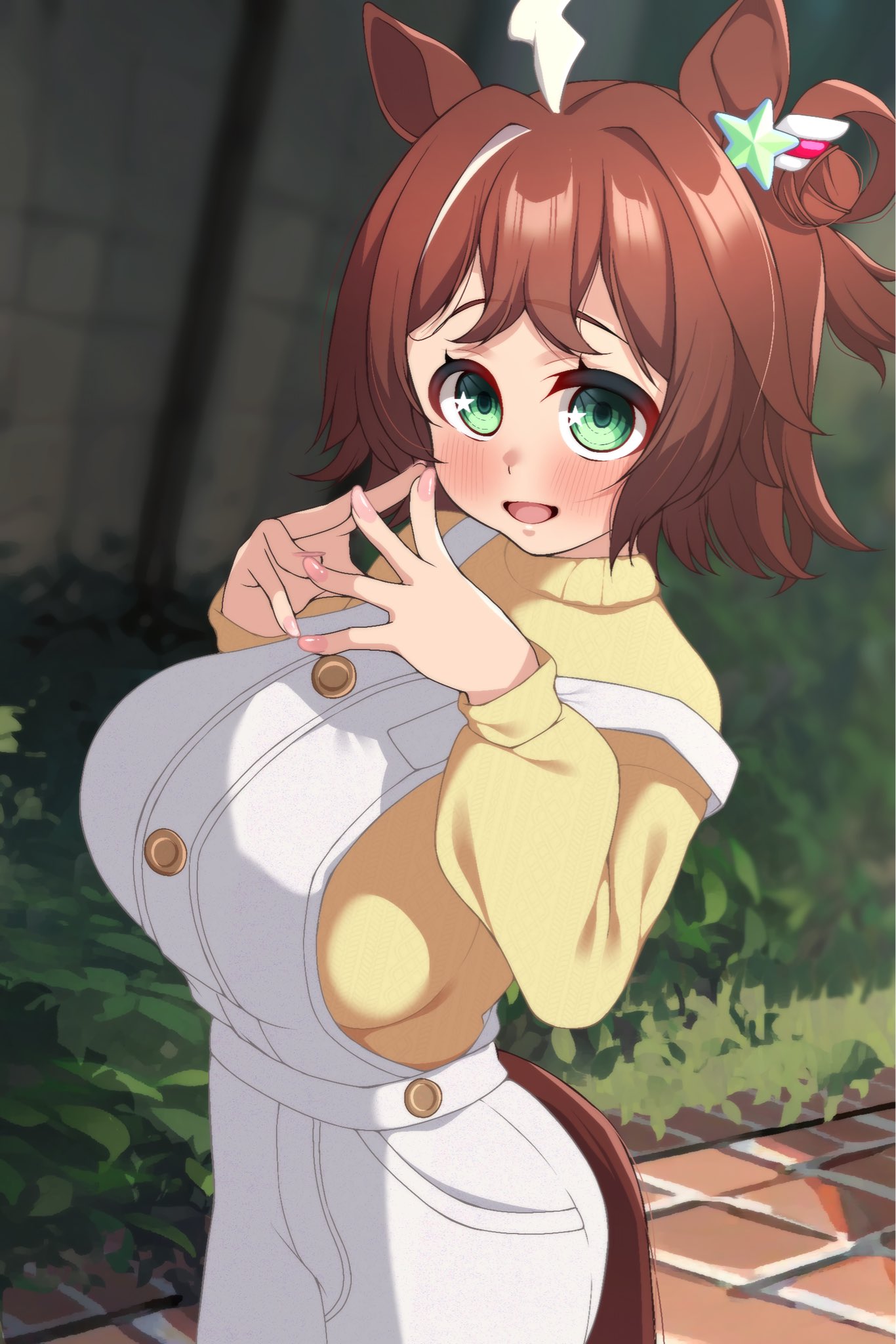 to20ko2ko235353535, rhein kraft (umamusume), umamusume, commentary request, highres, 1girl, ahoge, alternate breast size (larger), animal ears, blush, breasts, casual, fingernails, grass, green eyes, hair between eyes, hair ornament, horse ears, horse girl, horse tail, looking at viewer, open mouth, solo, star (symbol), tail