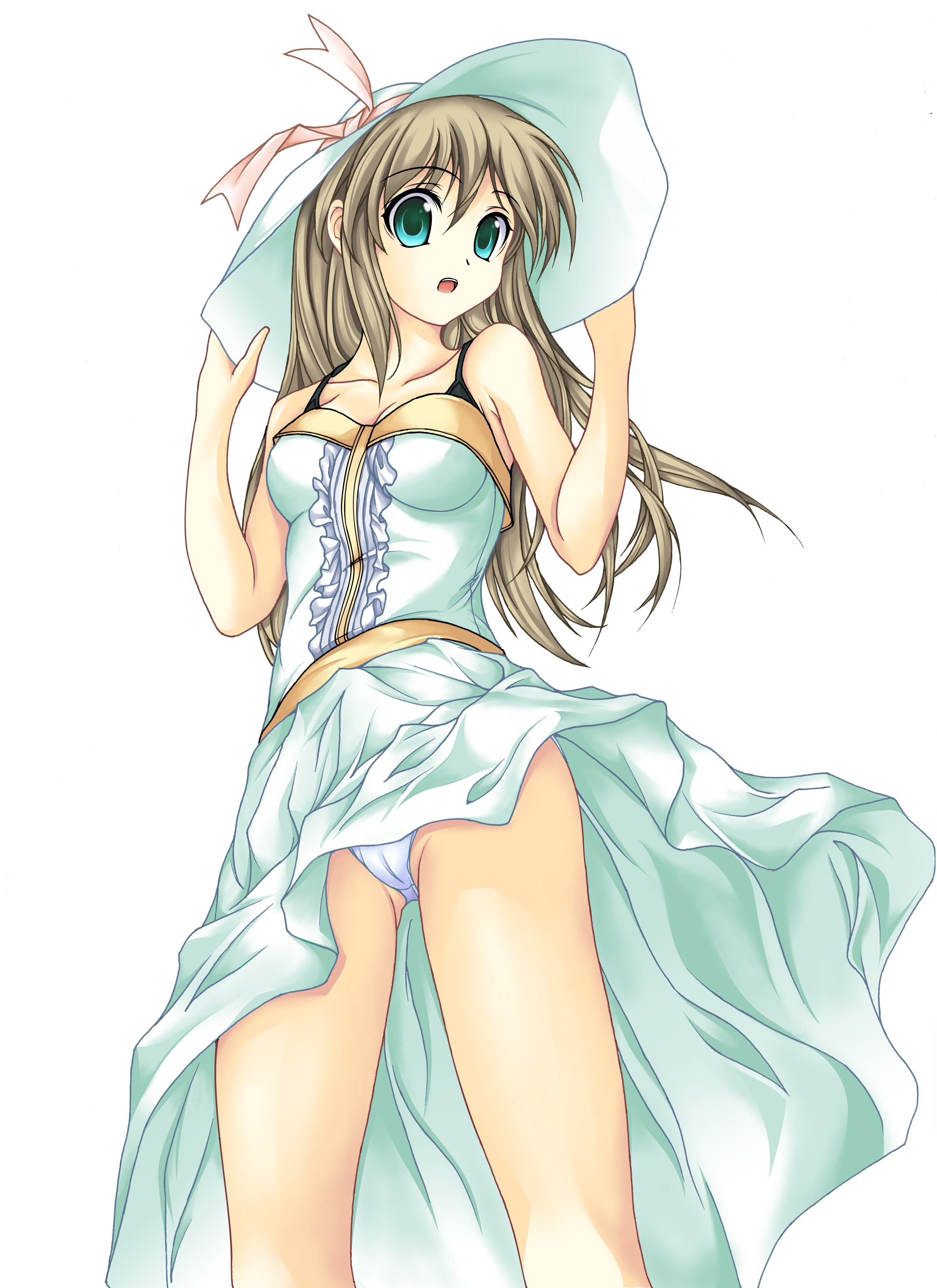 juunin toiro (silent123), silent123, absurdres, highres, 1girl, bra strap, breasts, brown hair, dress, female focus, green eyes, hat, panties, solo, underwear, upskirt