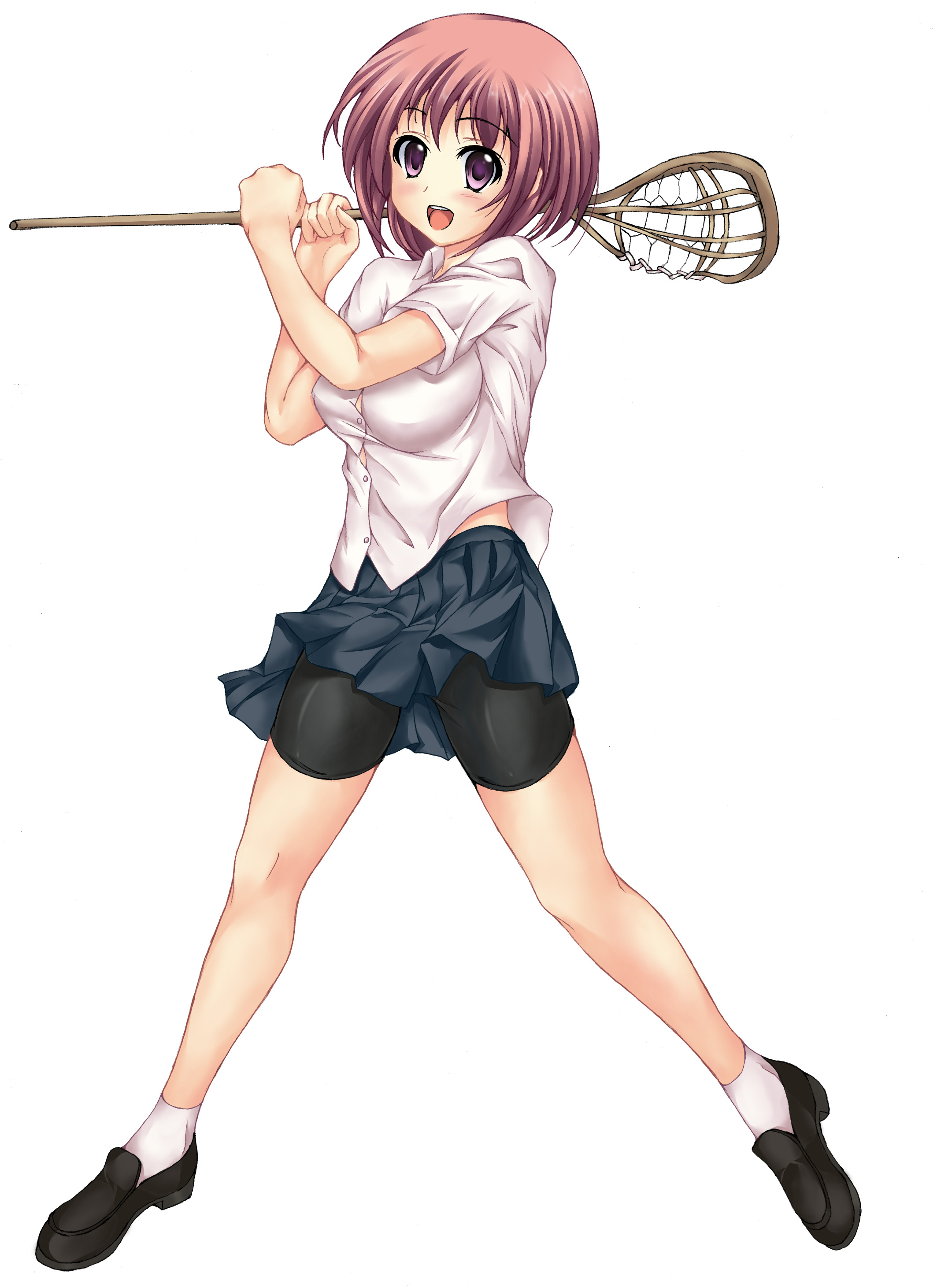 juunin toiro (silent123), silent123, original, absurdres, highres, 1girl, bike shorts, brown hair, female focus, lacrosse, lacrosse stick, loafers, purple eyes, school uniform, shoes, skirt, solo