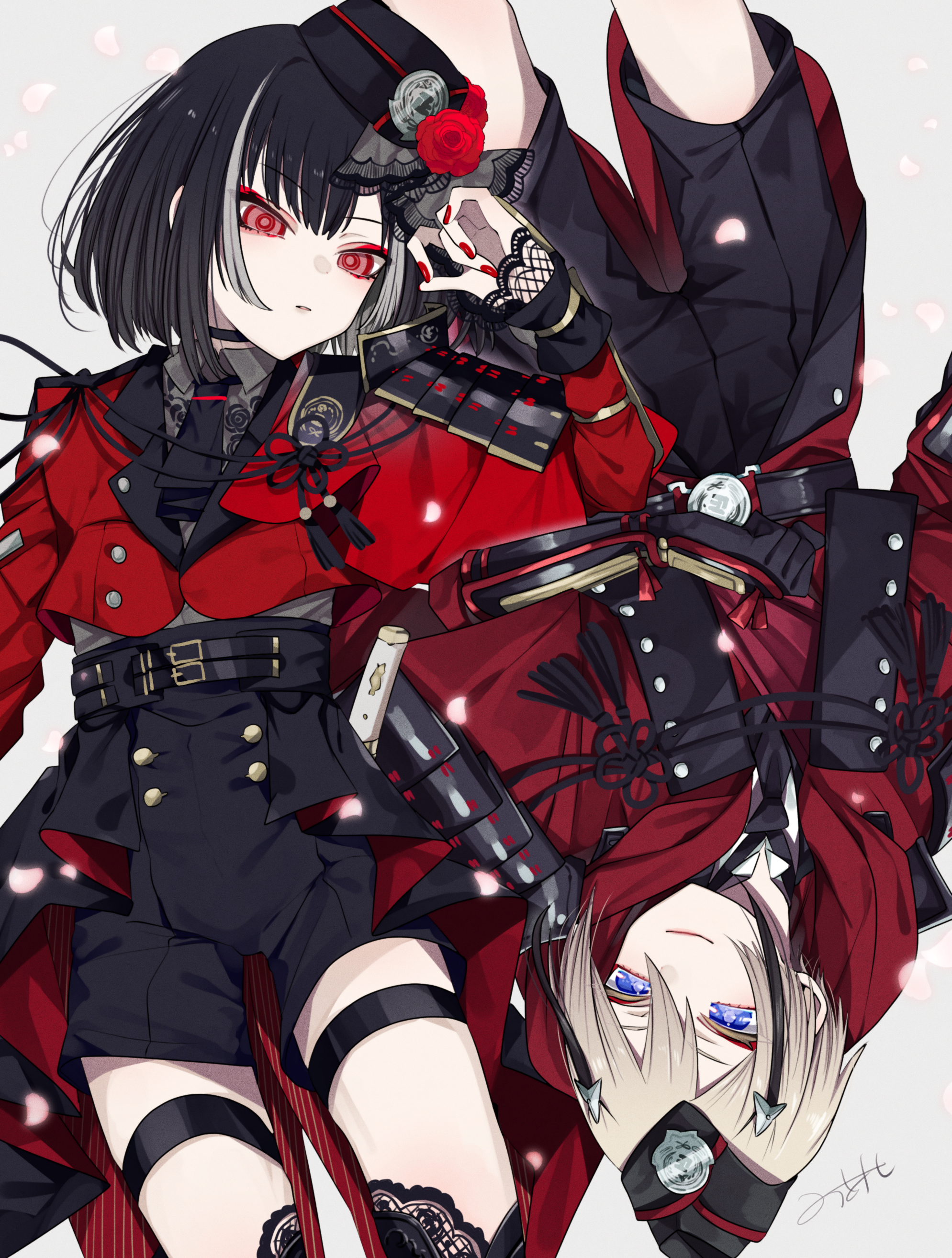 moto mitsuashi, hyuuga masamune, kyogoku masamune, touken ranbu, absurdres, highres, 2boys, armor, artist name, ascot, belt, black ascot, black belt, black choker, black hair, black hat, black thighhighs, blonde hair, bob cut, choker, expressionless, green hair, grey shirt, hair ornament, hat, jacket, lace, lace-trimmed thighhighs, lace trim, multicolored hair, multiple boys, nail polish, purple eyes, red eyes, red jacket, red nails, red shorts, shirt, shirt tucked in, short hair, shorts, shoulder armor, signature, simple background, streaked hair, thigh strap, thighhighs, tilted headwear, white background