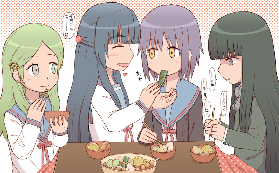 os (artist), asakura ryoko, kimidori emiri, nagato yuki, suou kuyou, suzumiya haruhi no yuuutsu, translated, 00s, chopsticks, food, heart, kotatsu, kouyouen academy school uniform, oden, school uniform, serafuku, spoken heart, table