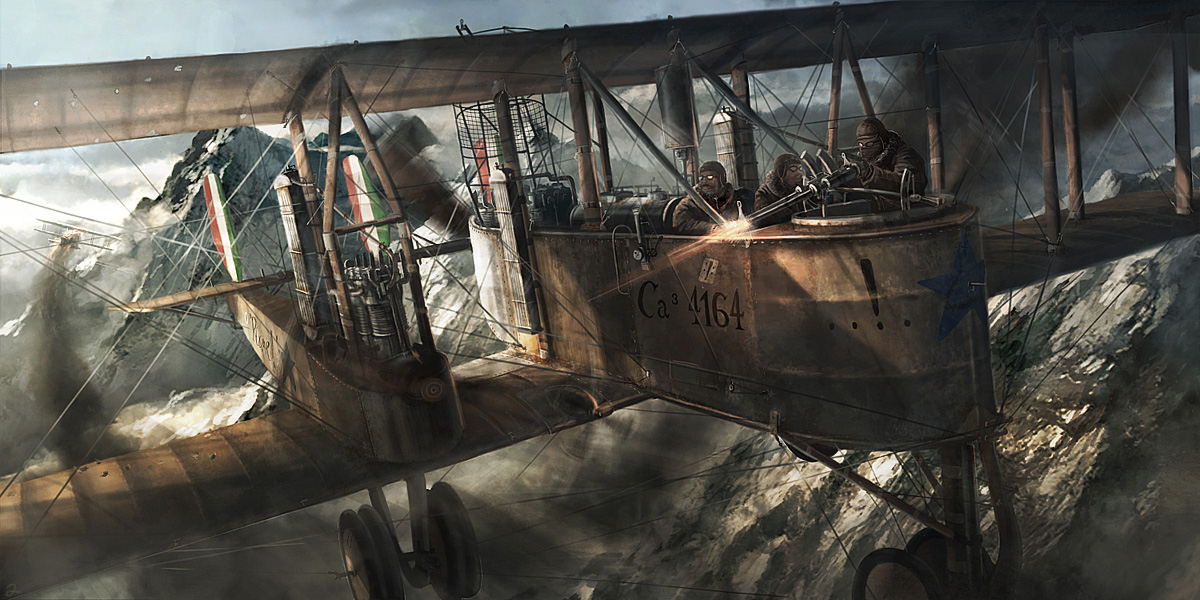 ruru ruru, caproni ca.3, original, bad id, bad pixiv id, 3boys, aircraft, airplane, covered mouth, firing, gun, italian text, machine gun, male focus, mountain, multiple boys, smoke, vehicle focus, weapon, wide shot, world war i