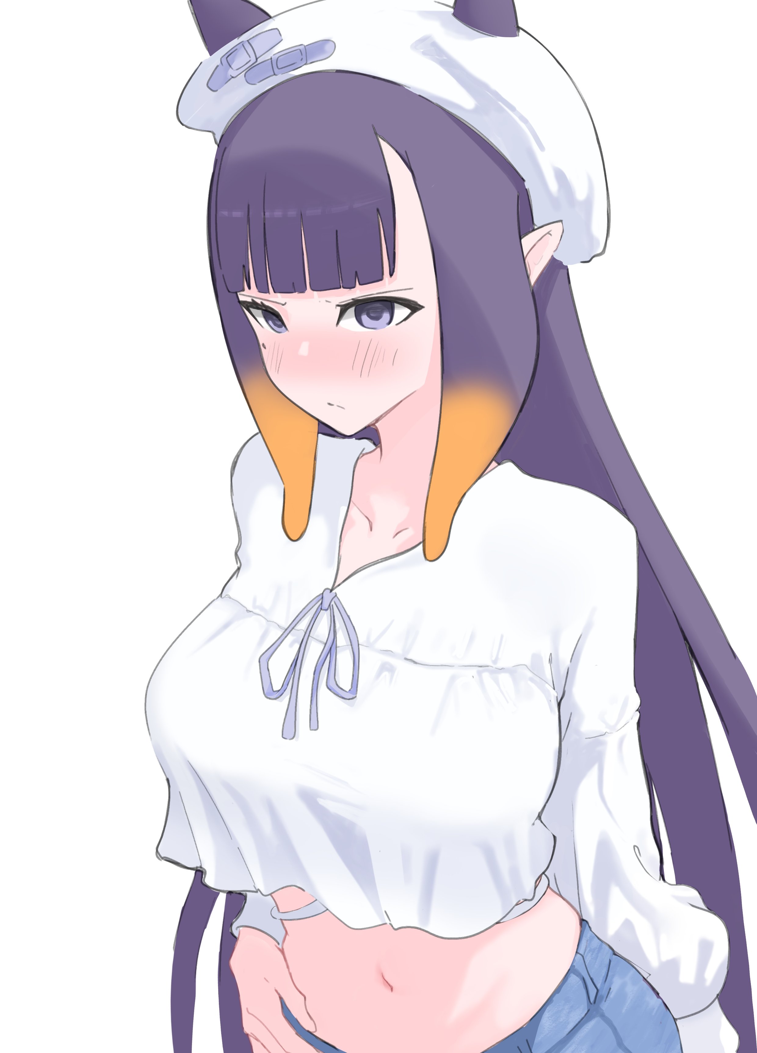 scnd hanaxavier, ninomae ina'nis, hololive, hololive english, absurdres, highres, 1girl, beret, blush, breasts, closed mouth, crop top, gradient hair, hat, large breasts, long hair, mole, mole under eye, multicolored hair, navel, nose blush, orange hair, purple hair, shirt, simple background, solo, tentacle hair, virtual youtuber, white background, white shirt