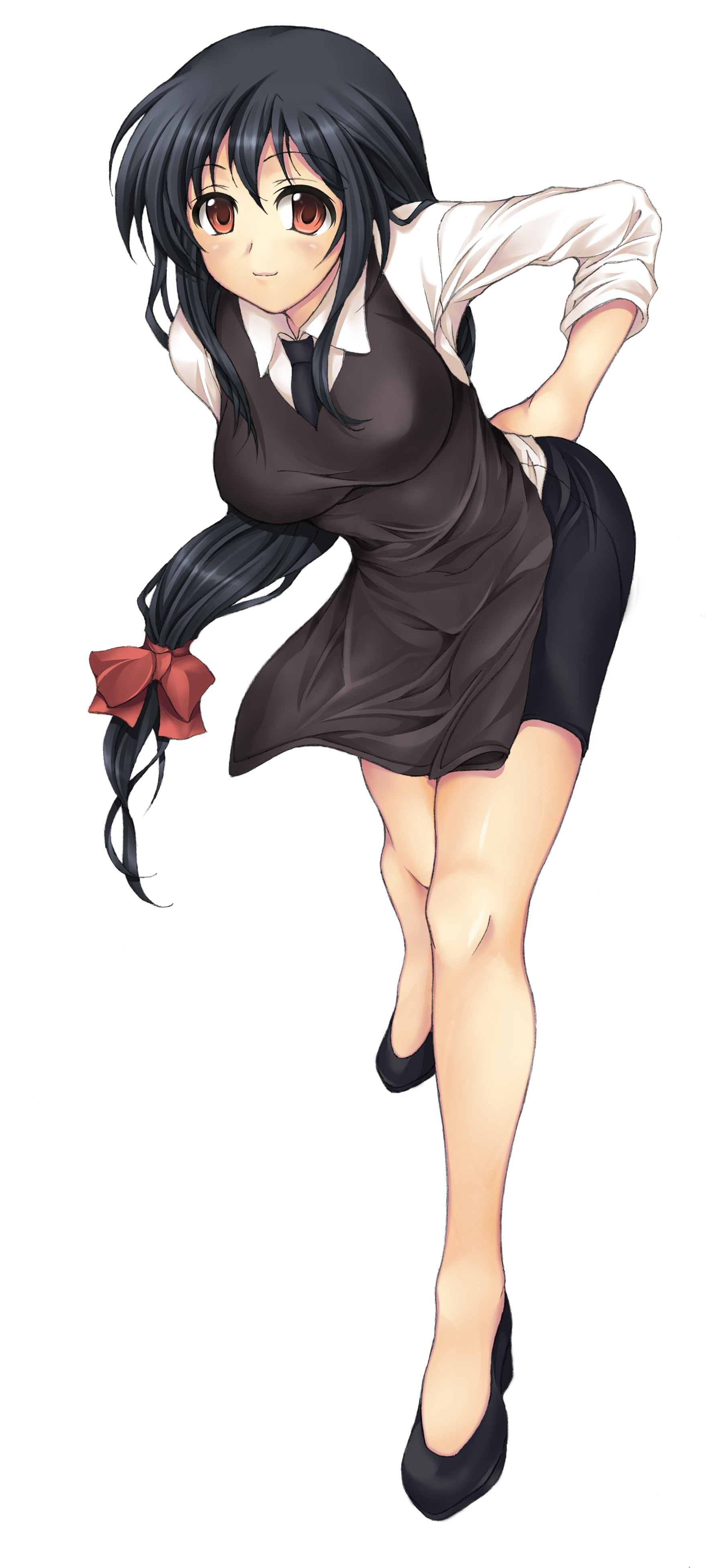 juunin toiro (silent123), silent123, original, absurdres, highres, 1girl, apron, black hair, brown eyes, female focus, hair ribbon, necktie, ribbon, solo