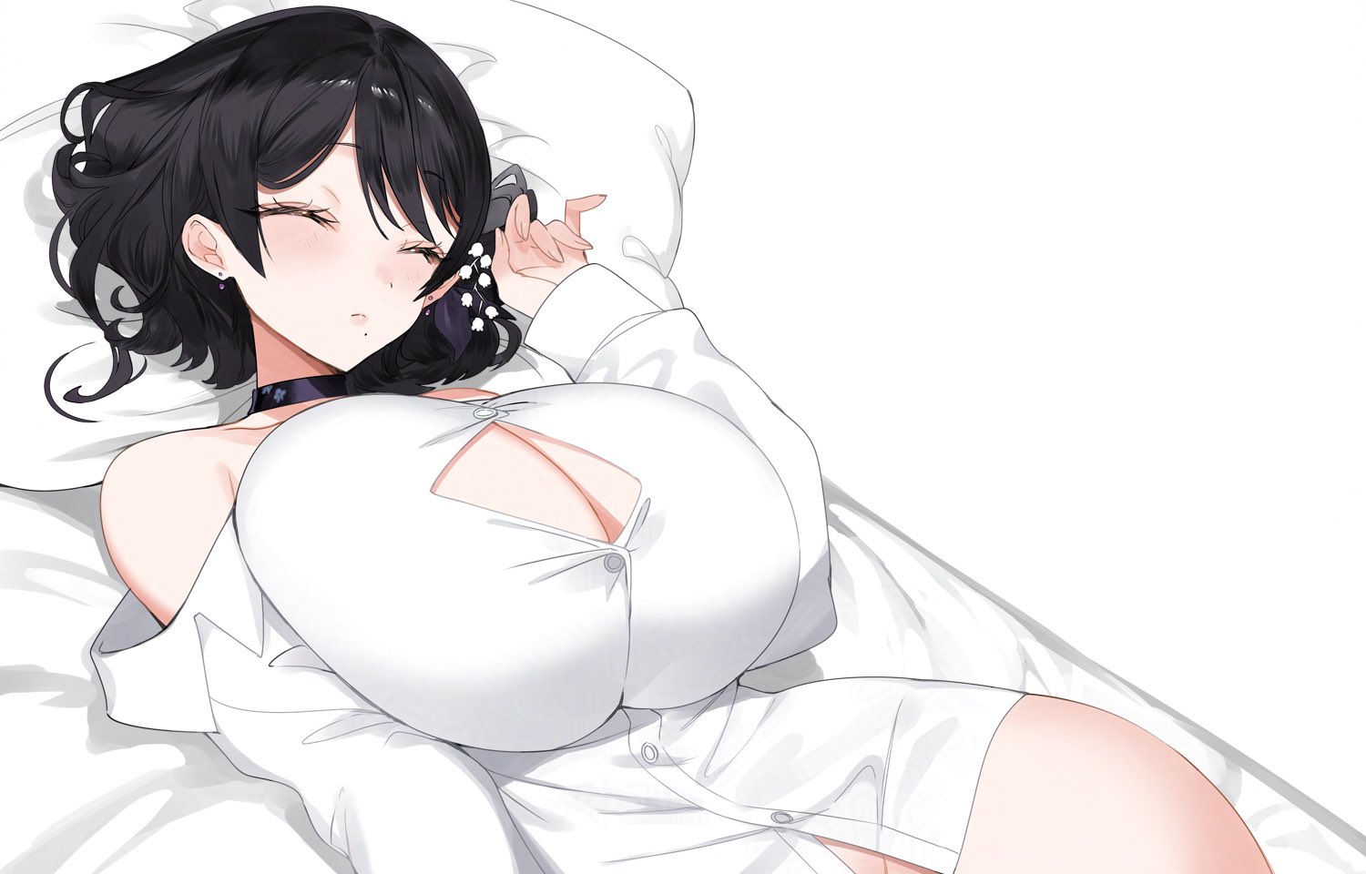 komoriya sanaka, indie virtual youtuber, artist request, 1girl, bed sheet, black choker, black hair, breasts, bursting breasts, button gap, choker, cleavage, closed eyes, huge breasts, long sleeves, mole, mole under mouth, no pants, off shoulder, pillow, shirt, short hair, sleeping, solo, virtual youtuber, white background, white shirt