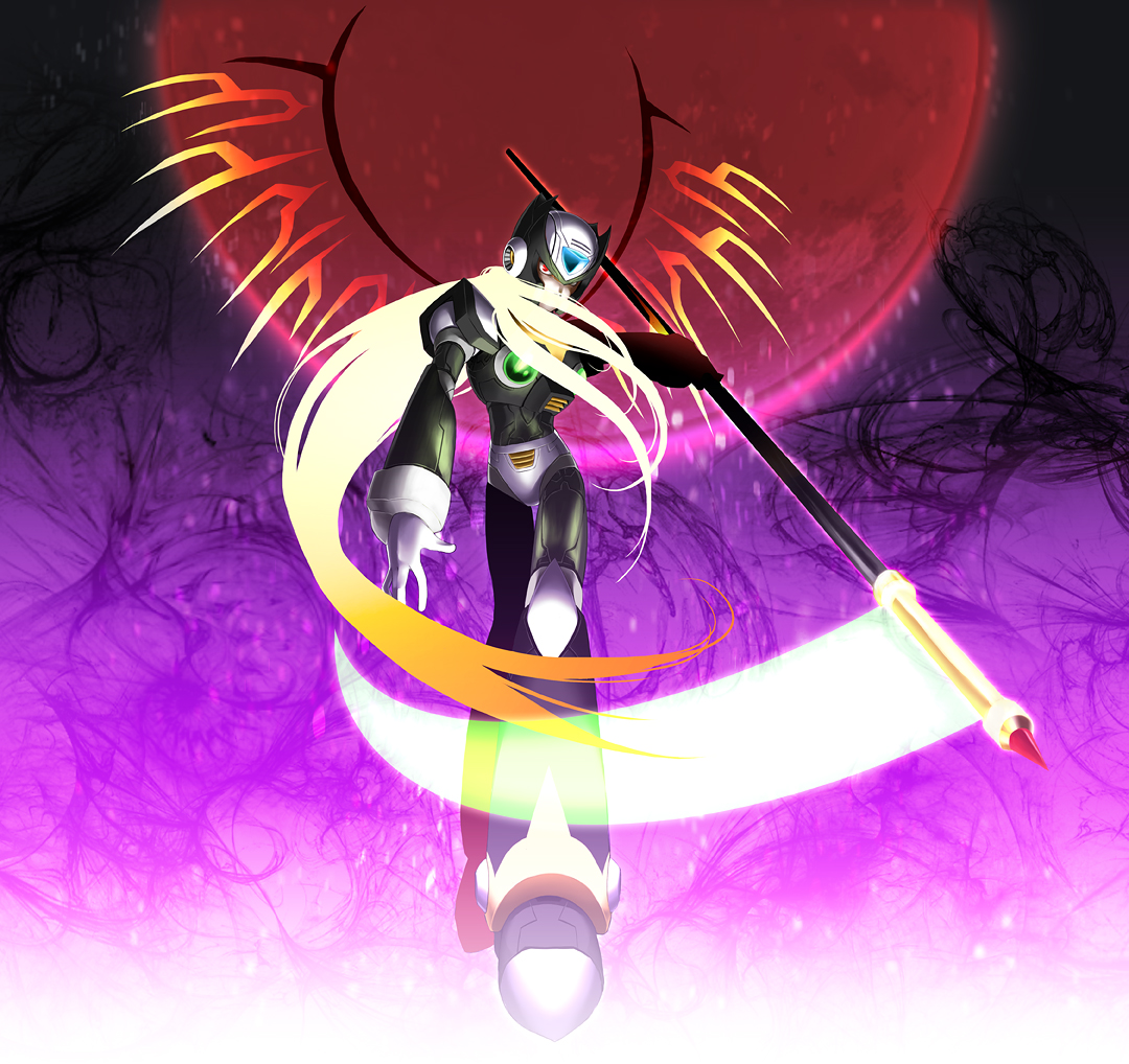 mochinue, zero (mega man), capcom, mega man (series), mega man x (series), bad id, bad pixiv id, 1boy, blonde hair, long hair, male focus, ponytail, red eyes, scythe, solo, wings