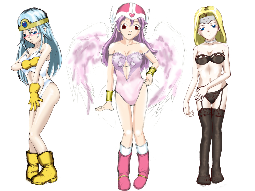 isutasshu@bangohan, lucia (dq), mireyu, sage (dq3), chunsoft, dragon quest, dragon quest iii, dragon quest iv, dragon quest vi, enix, square enix, 3girls, angel leotard, angel wings, blonde hair, blue eyes, blush, boots, bra, bracelet, circlet, garter belt, gloves, head wings, helmet, jewelry, leotard, lingerie, long hair, midriff, multiple girls, navel, panties, pink hair, sexy underwear (dq), thighhighs, underwear, underwear only, wings