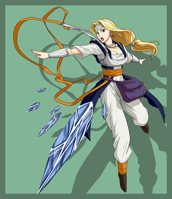 sorayama, mireyu, dragon quest, dragon quest vi, 1girl, blonde hair, bracelet, circlet, female focus, green background, green eyes, ice, jewelry, long hair, low-tied long hair, magic, open mouth, ribbon, solo