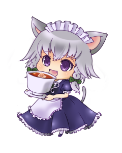 kanoko (artist), shikako, izayoi sakuya, touhou, silver hair, lowres, 1girl, animal ears, blue eyes, braid, cat ears, cat girl, cat tail, chibi, fang, female focus, hairband, kemonomimi mode, knife, purple eyes, short hair, solo, tail, tea, throwing knife, twin braids, weapon
