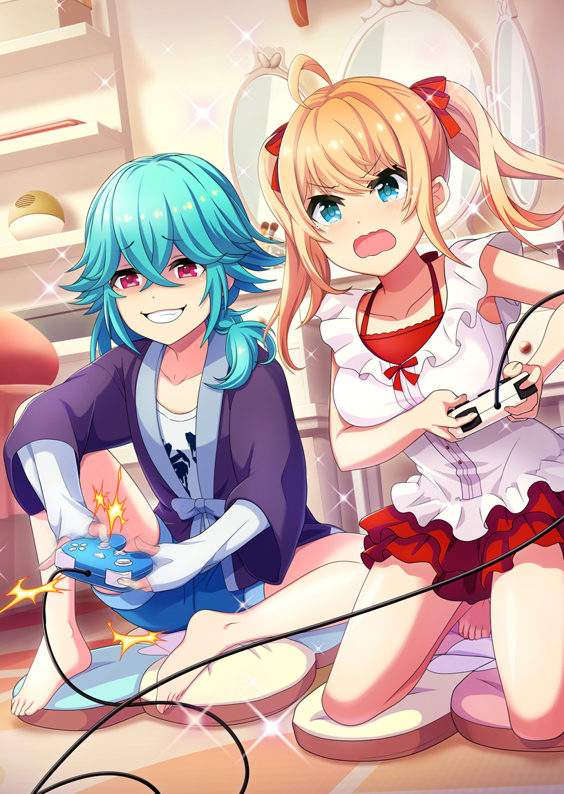 aya (project tokyo dolls), yamada (project tokyo dolls), project tokyo dolls, official art, second-party source, 2girls, ^^^, ahoge, barefoot, bathrobe, bed, blonde hair, blue hair, blush, bow, bowtie, breasts, collarbone, competition, controller, cushion, desk, dot nose, drawer, dress, dutch angle, elbow gloves, fingerless gloves, frilled dress, frills, game controller, gloves, grin, hair between eyes, hair bow, holding, holding controller, holding game controller, indoors, knee up, kneeling, large breasts, medium hair, mirror, motion blur, multiple girls, on floor, open mouth, playing games, purple robe, red bow, red bowtie, red eyes, red skirt, robe, shaded face, shelf, shirt, side ponytail, sidelocks, sitting, skirt, smile, sparkle, tearing up, twintails, wavy mouth, white dress, white gloves, white shirt