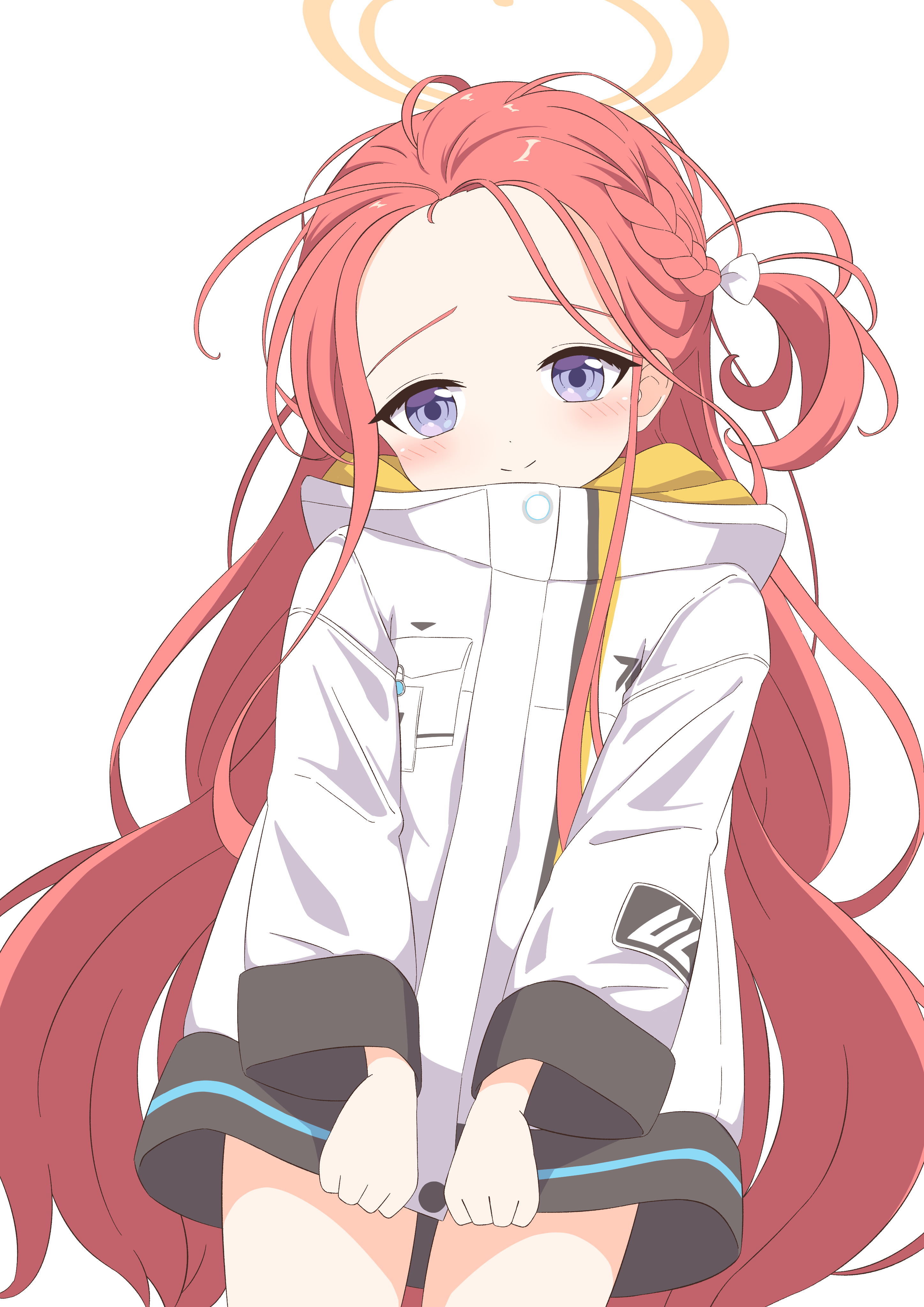 sudakino, yuzu (blue archive), blue archive, absurdres, commentary, highres, 1girl, blue eyes, blush, bow, braid, cowboy shot, forehead, hair bow, halo, jacket, jacket tug, long hair, long sleeves, looking at viewer, millennium science school logo, orange halo, red hair, simple background, smile, solo, thighs, very long hair, white background, white jacket, yellow halo