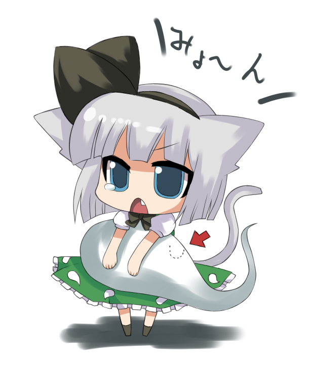 reon (pixiv), reon (saikyou), konpaku youmu, konpaku youmu (ghost), touhou, silver hair, bad id, bad pixiv id, 1girl, animal ears, arrow (symbol), bite mark, blue eyes, cat ears, cat girl, cat tail, chibi, fang, female focus, frown, hitodama, holding, kemonomimi mode, short hair, solo, tail, tears