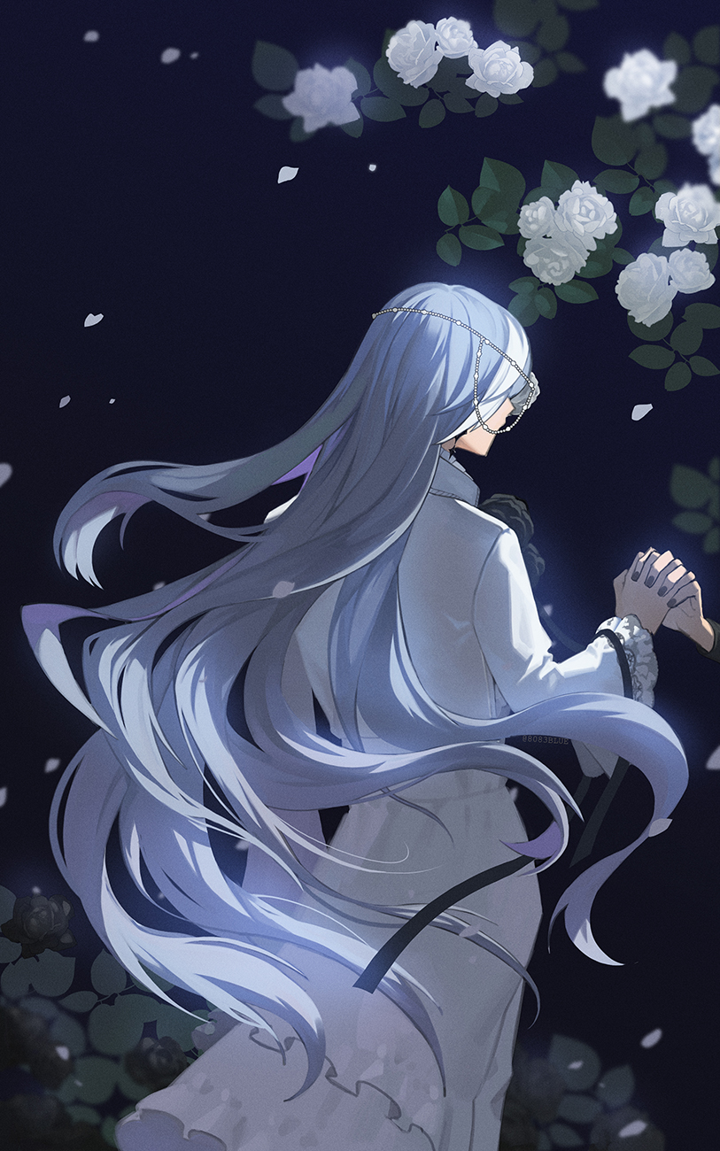 8083 blue, yuki (idolish7), idolish7, commentary, commentary request, english commentary, highres, mixed-language commentary, 1boy, black background, crossdressing, crossdressing (mtf), dress, facing away, fingernails, flower, grey hair, holding hands, long hair, male focus, nail polish, rose, solo, very long hair, white dress, white flower, white rose
