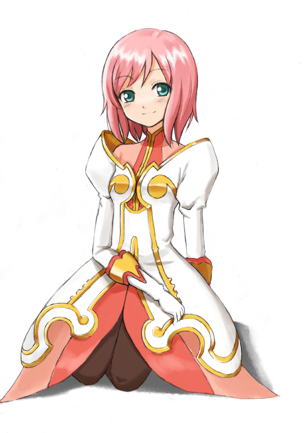 maro (pixiv11425), estellise sidos heurassein, tales of (series), tales of vesperia, bad id, bad pixiv id, 00s, 1girl, aqua eyes, blush, female focus, gloves, green eyes, looking at viewer, pink hair, short hair, simple background, sitting, smile, solo, white background, yokozuwari