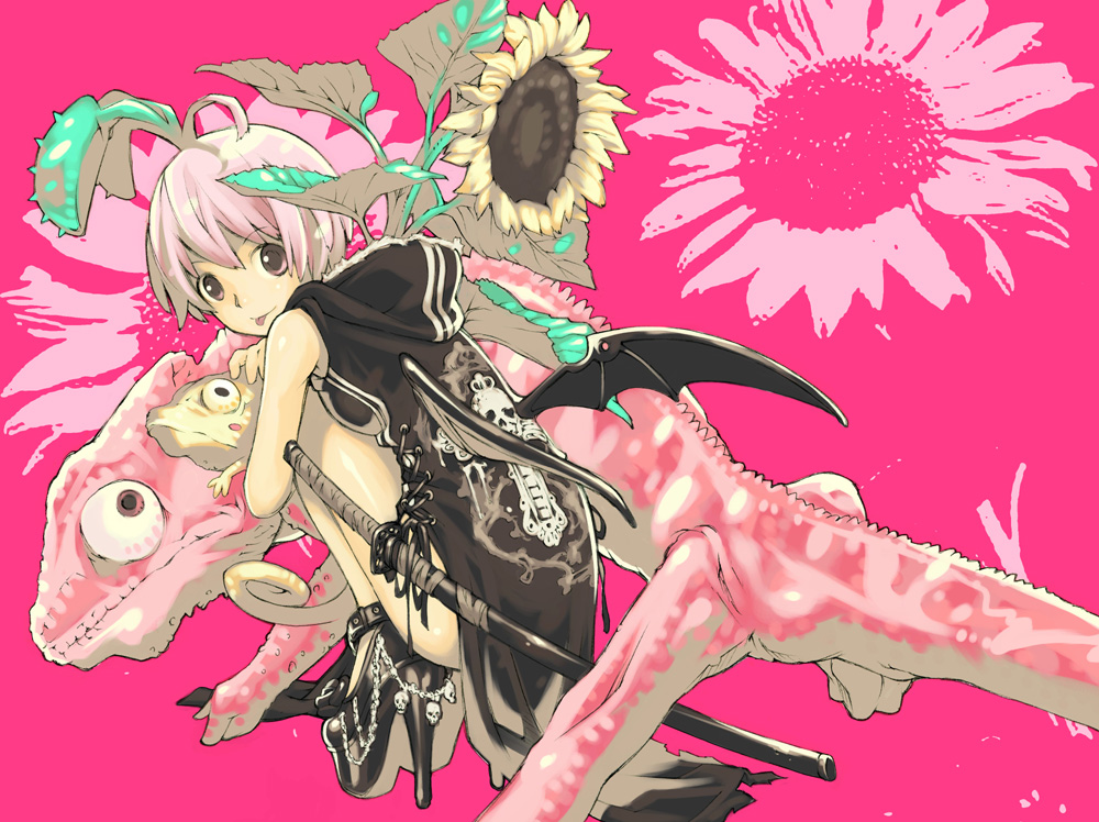 haku (artist), haku (sabosoda), original, bad id, bad pixiv id, 1girl, bat wings, female focus, flower, high heels, katana, lizard, pink eyes, pink hair, shoes, solo, sunflower, sword, tongue, weapon, wings