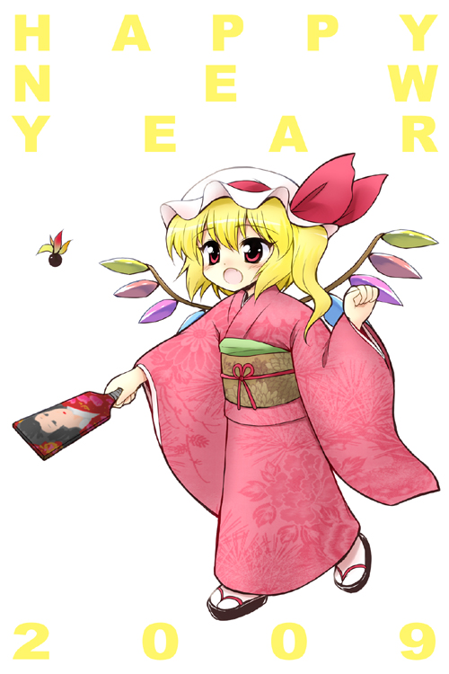 marugoshi (54burger), flandre scarlet, touhou, bad id, bad pixiv id, 00s, 1girl, 2009, blonde hair, female focus, hanetsuki, hat, japanese clothes, kimono, new year, one side up, ponytail, red eyes, short hair, side ponytail, solo, wings