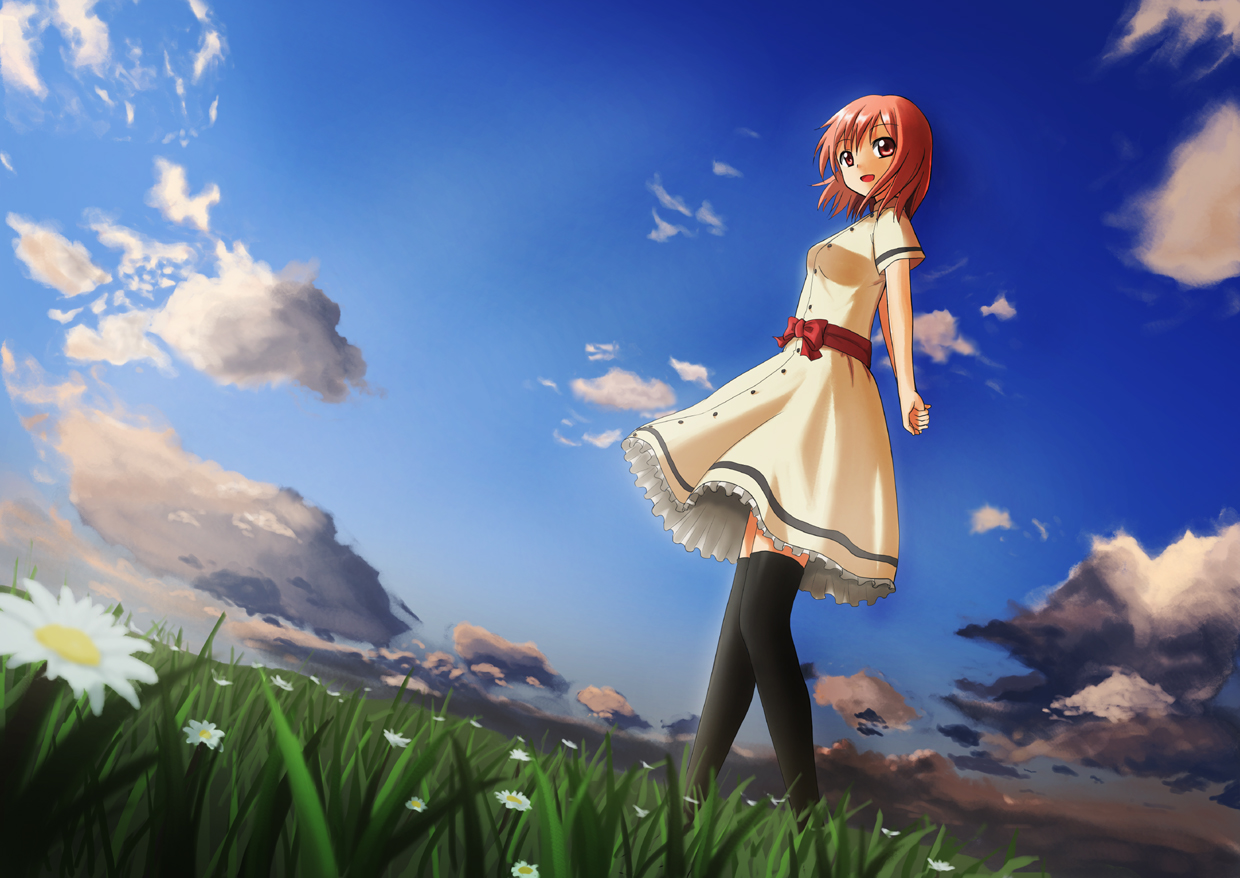 maro (pixiv11425), bad id, bad pixiv id, 1girl, cloud, day, dress, dutch angle, female focus, flower, from side, grass, looking at viewer, outdoors, pink eyes, pink hair, short hair, short sleeves, sky, solo, standing, thighhighs