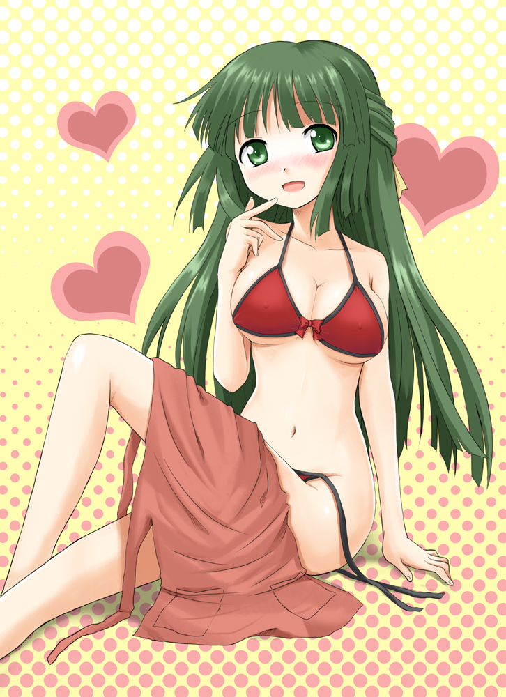 maro (pixiv11425), yoshinoya (hidamari sketch), hidamari sketch, bad id, bad pixiv id, 00s, 1girl, bikini, blush, breasts, cleavage, female focus, green eyes, green hair, heart, matching hair/eyes, medium breasts, red bikini, side-tie bikini bottom, sitting, smile, solo, swimsuit