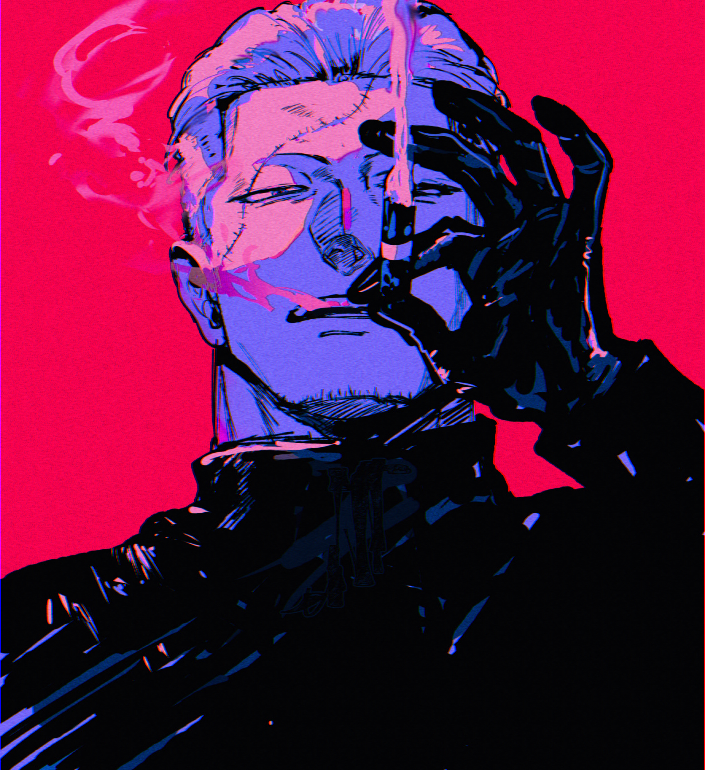 kabane (rjev8385), smoker (one piece), one piece, absurdres, commentary request, highres, 1boy, beard stubble, black gloves, cigar, close-up, facial hair, gloves, holding, holding cigar, looking at viewer, looking down, male focus, narrowed eyes, pink background, portrait, scar, scar on face, scar on forehead, shirt, simple background, smoke, smoking, solo, stitched face, stitches, stubble, turtleneck, turtleneck shirt, undercut, white hair