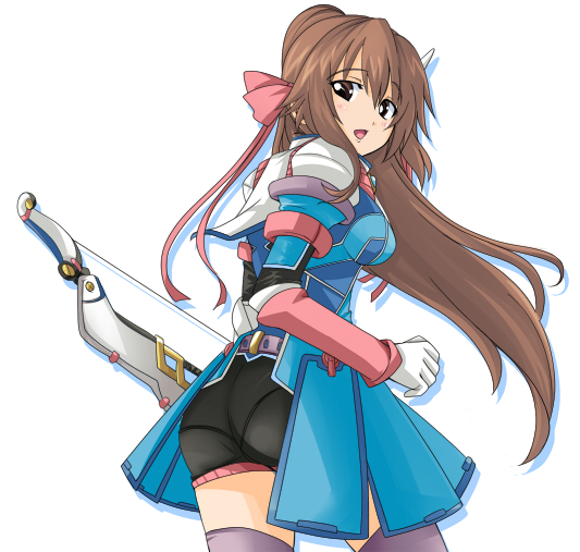 kurenasm, saionji reimi, star ocean, star ocean: the last hope, 1girl, armor, ass, bow (weapon), brown eyes, brown hair, female focus, gloves, hair ribbon, long hair, looking back, pantylines, ribbon, smile, solo, thighhighs, weapon