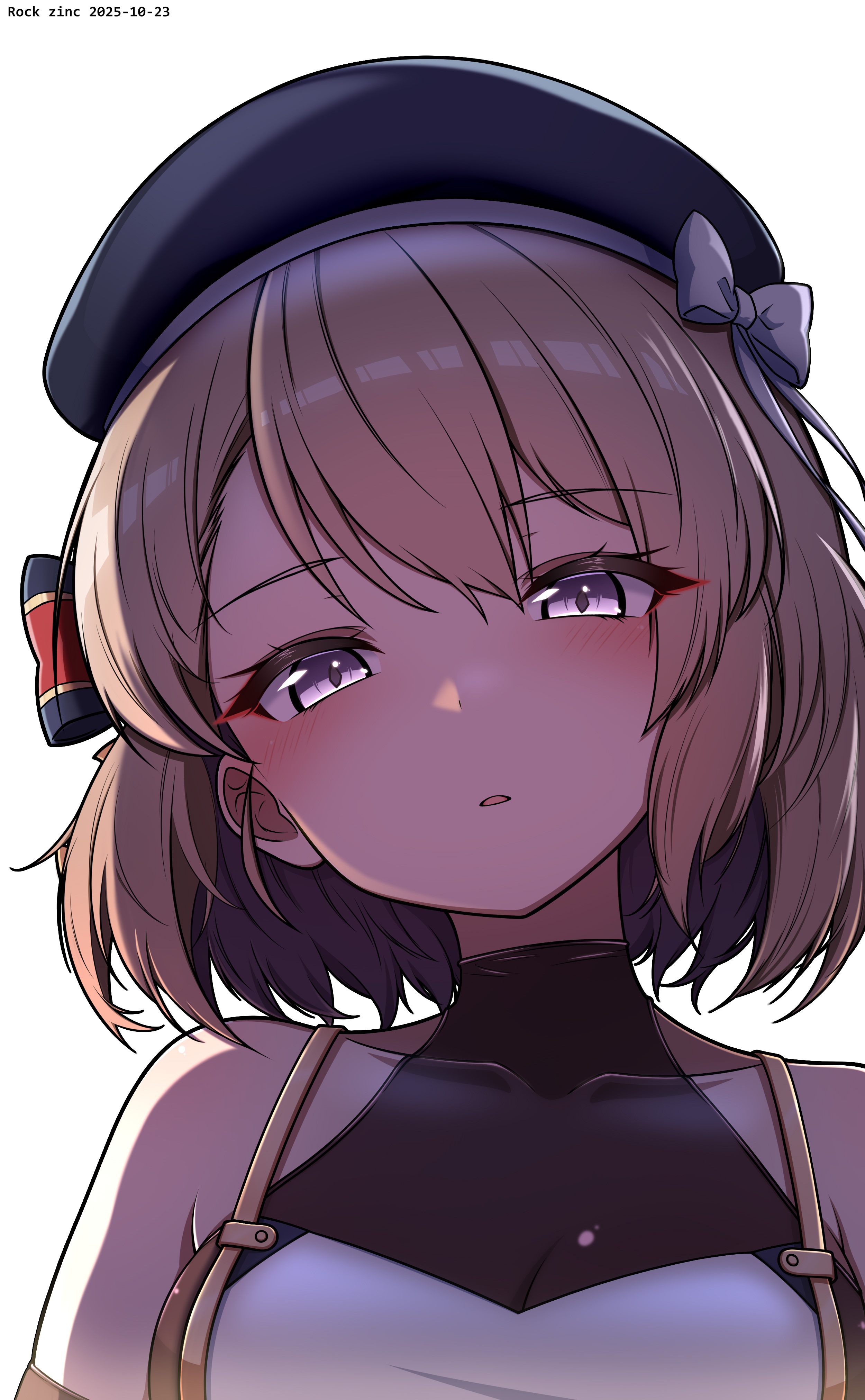 rock zinc, z23 (azur lane), azur lane, absurdres, commentary request, highres, 1girl, artist name, bare shoulders, beret, black hat, blush, bow, breasts, brown hair, dated, dress, hair between eyes, hat, hat bow, head tilt, looking at viewer, medium breasts, parted lips, purple eyes, see-through cleavage, see-through clothes, simple background, solo, striped bow, upper body, white background, white bow, white dress