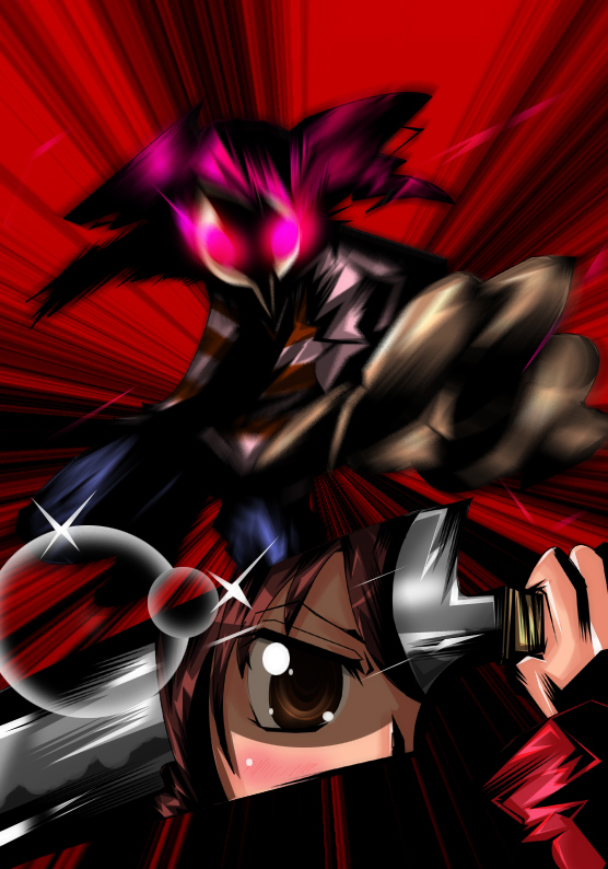 haruhara, madotsuki, toriningen, yume nikki, bad id, bad pixiv id, battle, brown eyes, glowing, glowing eyes, knife, reflection