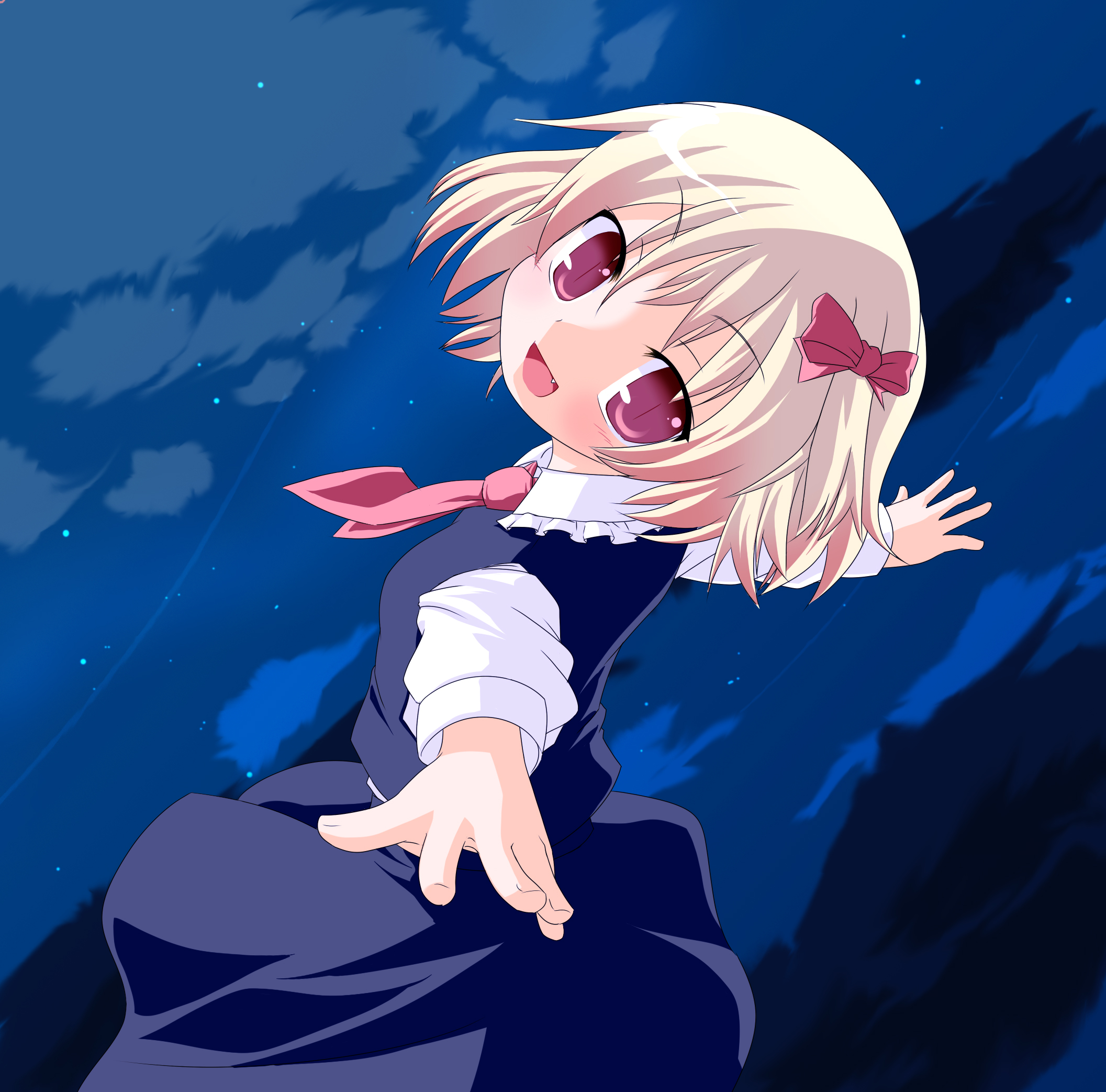 hujikok, miko machi, rumia, embodiment of scarlet devil, touhou, bad id, bad pixiv id, colorized, highres, 1girl, blonde hair, female focus, foreshortening, looking at viewer, looking back, red eyes, ribbon, smile, solo