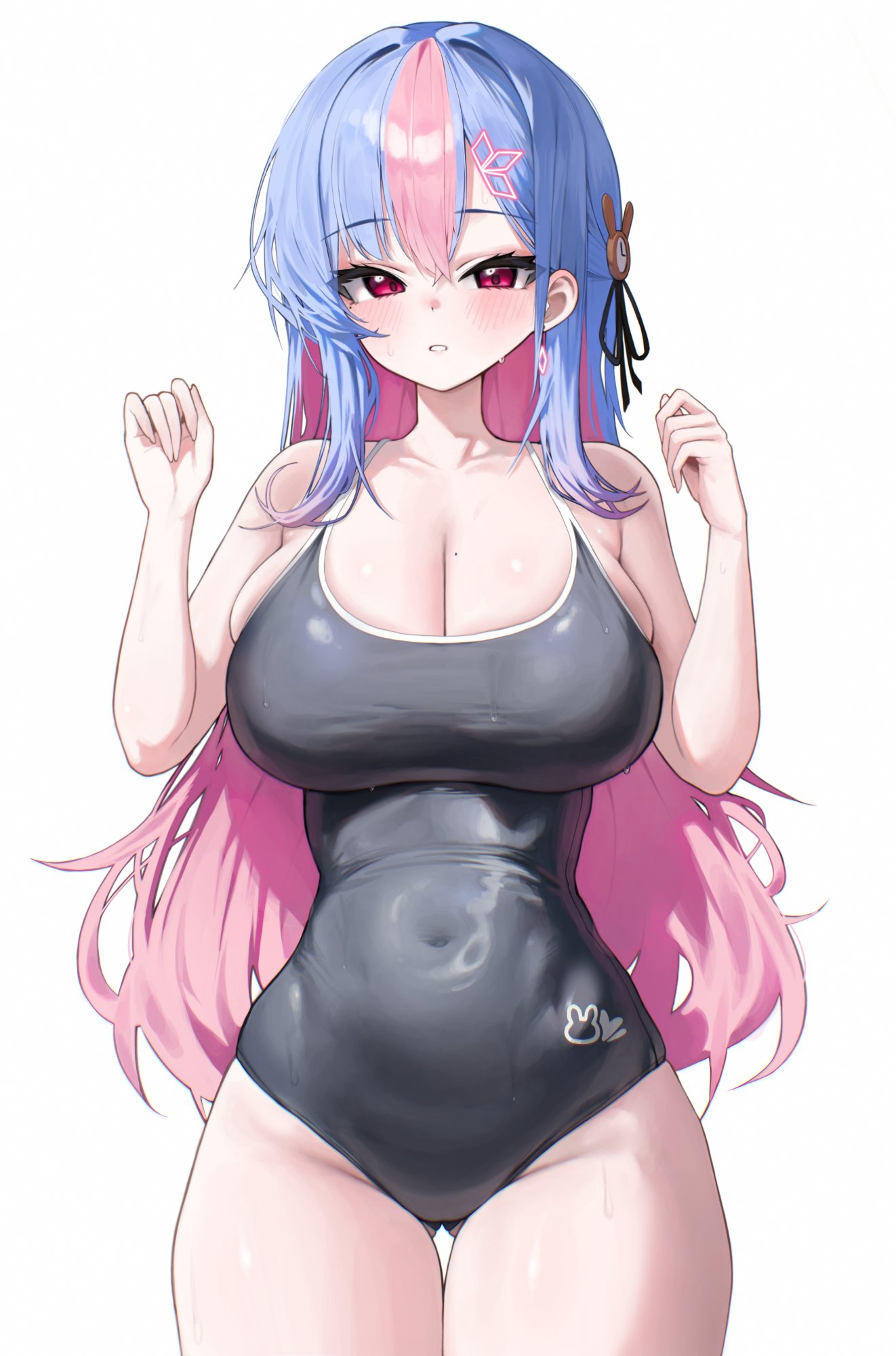 gigabani, bing hayu, luvdia, highres, 1girl, bare arms, bare shoulders, black one-piece swimsuit, blue hair, blush, breasts, clock hair ornament, colored bangs, colored inner hair, competition school swimsuit, covered navel, cowboy shot, crossed bangs, earrings, gluteal fold, hair between eyes, hair ornament, hands up, jewelry, large breasts, legs together, long hair, looking at viewer, mole, mole on breast, mole under eye, multicolored hair, one-piece swimsuit, parted bangs, parted lips, pink eyes, pink hair, school swimsuit, simple background, solo, standing, sweat, swimsuit, thigh gap, two-tone hair, very long hair, virtual youtuber, white background