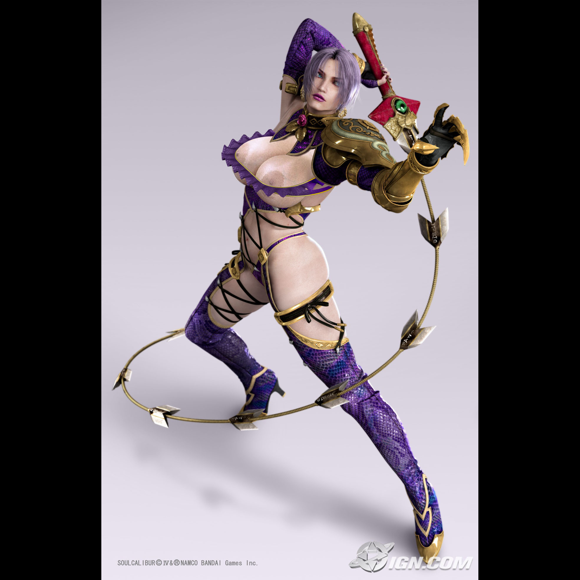 isabella valentine, soul calibur, soulcalibur, soulcalibur iv, highres, third-party edit, 1girl, 3d, breasts, female focus, huge breasts, short hair, solo, sword, weapon, whip sword