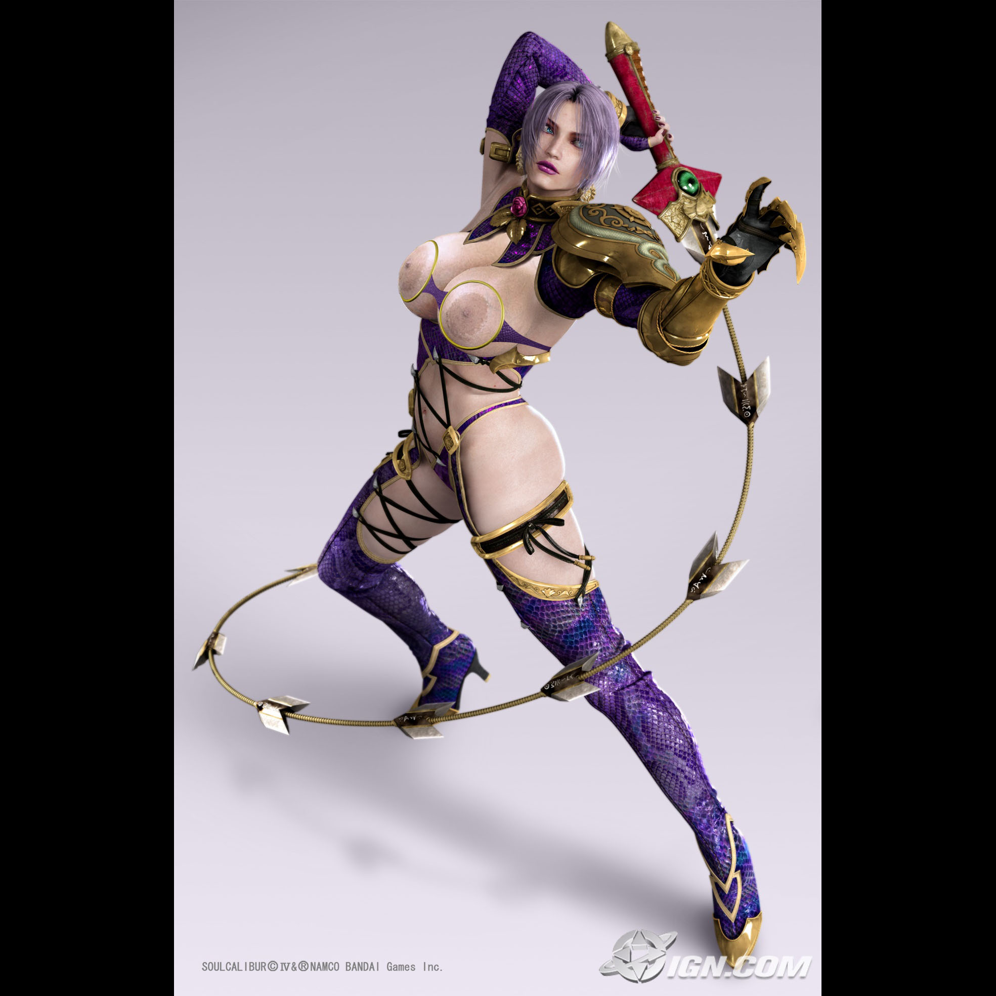 isabella valentine, soul calibur, soulcalibur, soulcalibur iv, highres, third-party edit, 1girl, 3d, breasts, female focus, huge breasts, short hair, solo, sword, weapon, whip sword