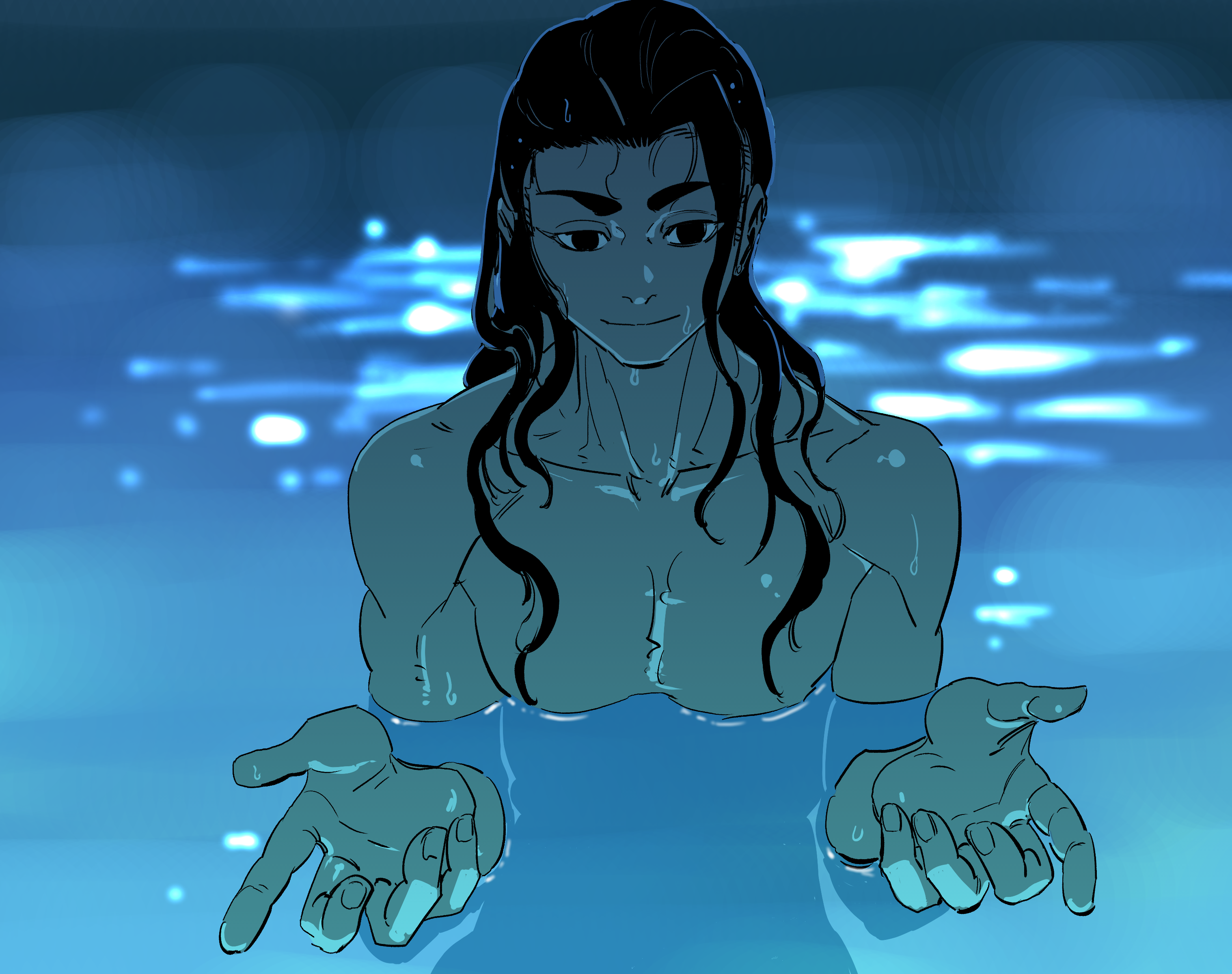 cio (asanel123), jamie siu, chainsaw man, street fighter, street fighter 6, absurdres, commentary request, highres, korean commentary, 1boy, black hair, i'll teach you everything (chainsaw man), long hair, looking at viewer, male focus, partially submerged, pool, scene reference, solo, toned, toned male, wet, wet hair