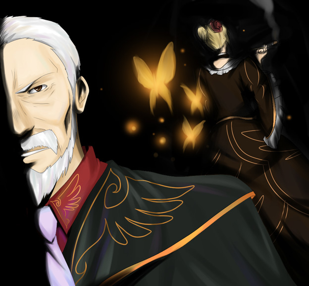 sousui yasana, yasana, beatrice (umineko), ushiromiya kinzou, umineko no naku koro ni, bad id, bad pixiv id, 00s, 1boy, 1girl, blonde hair, bug, butterfly, dark, insect, kiseru, smoking pipe