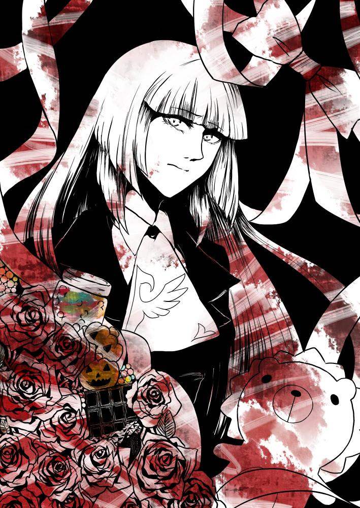 melting scarlet, sakutarou (umineko), ushiromiya rosa, umineko no naku koro ni, bad id, bad pixiv id, 00s, 1girl, blood, female focus, flower, hime cut, long hair, ribbon, rose, solo