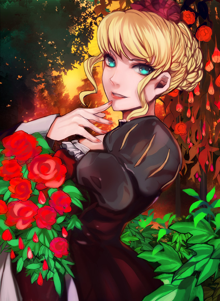 wonagi, beatrice (umineko), umineko no naku koro ni, 00s, blonde hair, blue eyes, flower, rose, solo