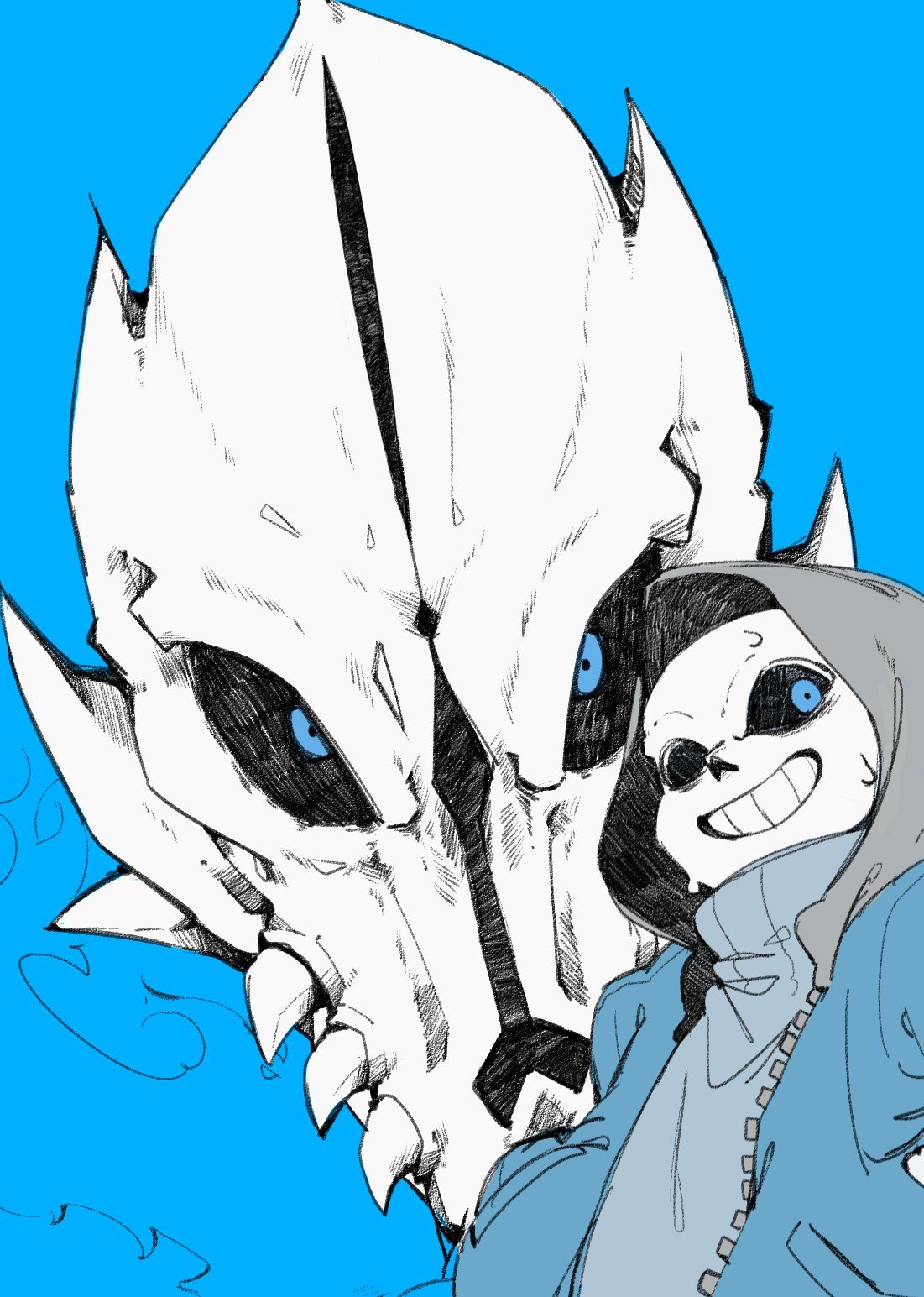 luistopxeroso, sans (undertale), undertale, utdr (toby fox), highres, 1boy, blue background, blue eyes, blue jacket, gasterblaster, grin, hollow eyes, hood, hood up, jacket, looking at viewer, male focus, open clothes, open jacket, simple background, skeleton, smile, solo, sweat, teeth, upper body