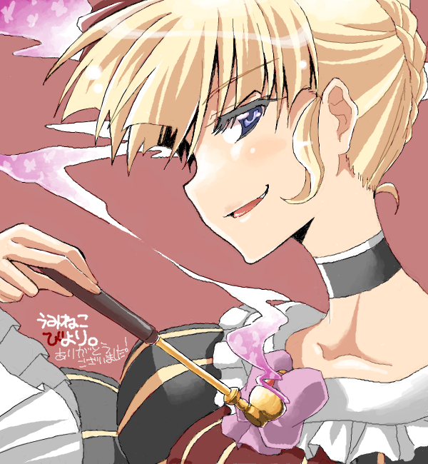 fuugetsu makoto, beatrice (umineko), umineko no naku koro ni, bad id, bad pixiv id, 00s, 1girl, blonde hair, blue eyes, bow, choker, female focus, kiseru, pink bow, smoking pipe, solo