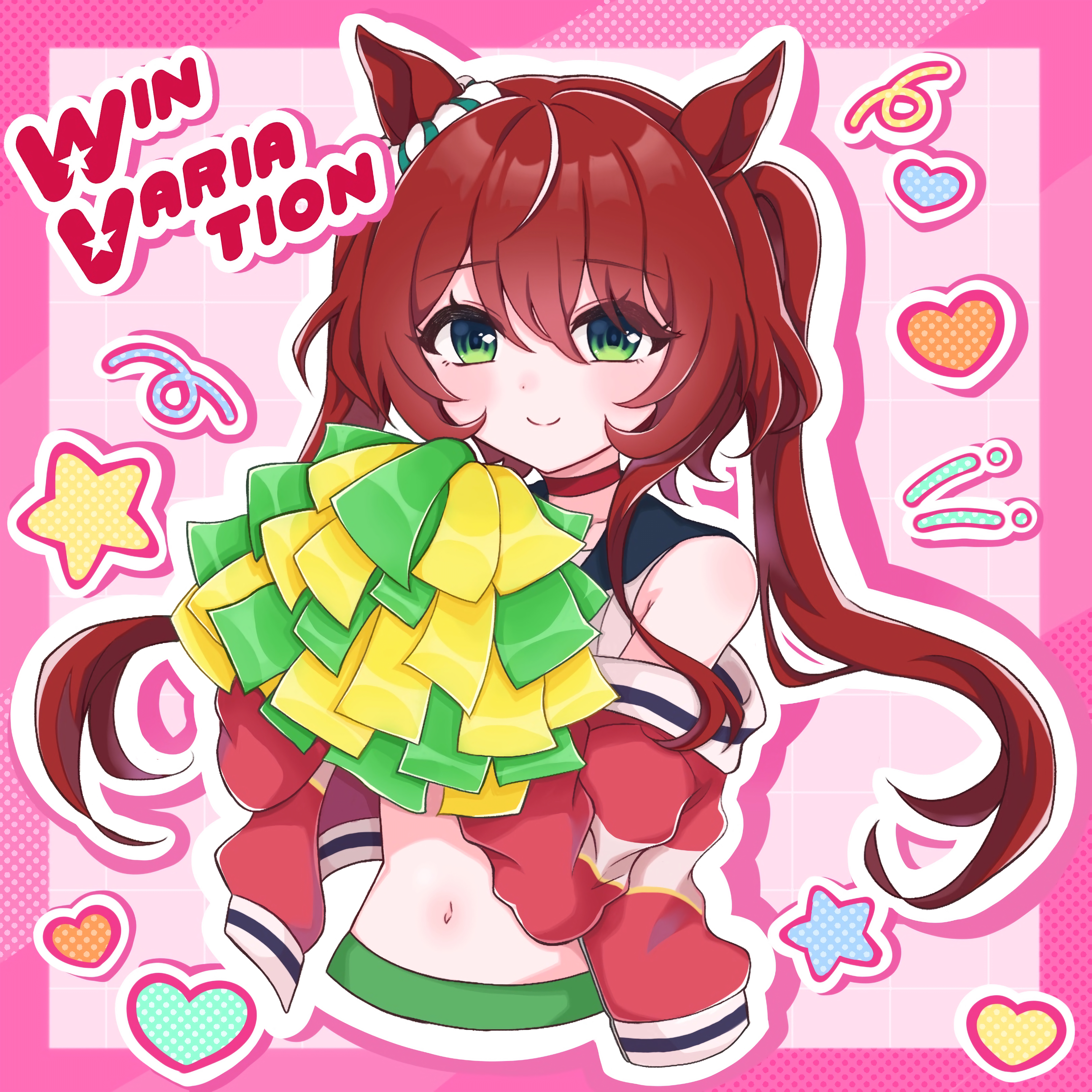 win variation (umamusume), umamusume, absurdres, highres, alternate costume, alternate hairstyle, animal ears, blush, breasts, character name, cheerleader, closed mouth, collarbone, green eyes, hair between eyes, hair ornament, horse girl, long hair, looking at viewer, midriff, navel, pom pom (cheerleading), simple background, smile, twintails, u nyanpocoo u