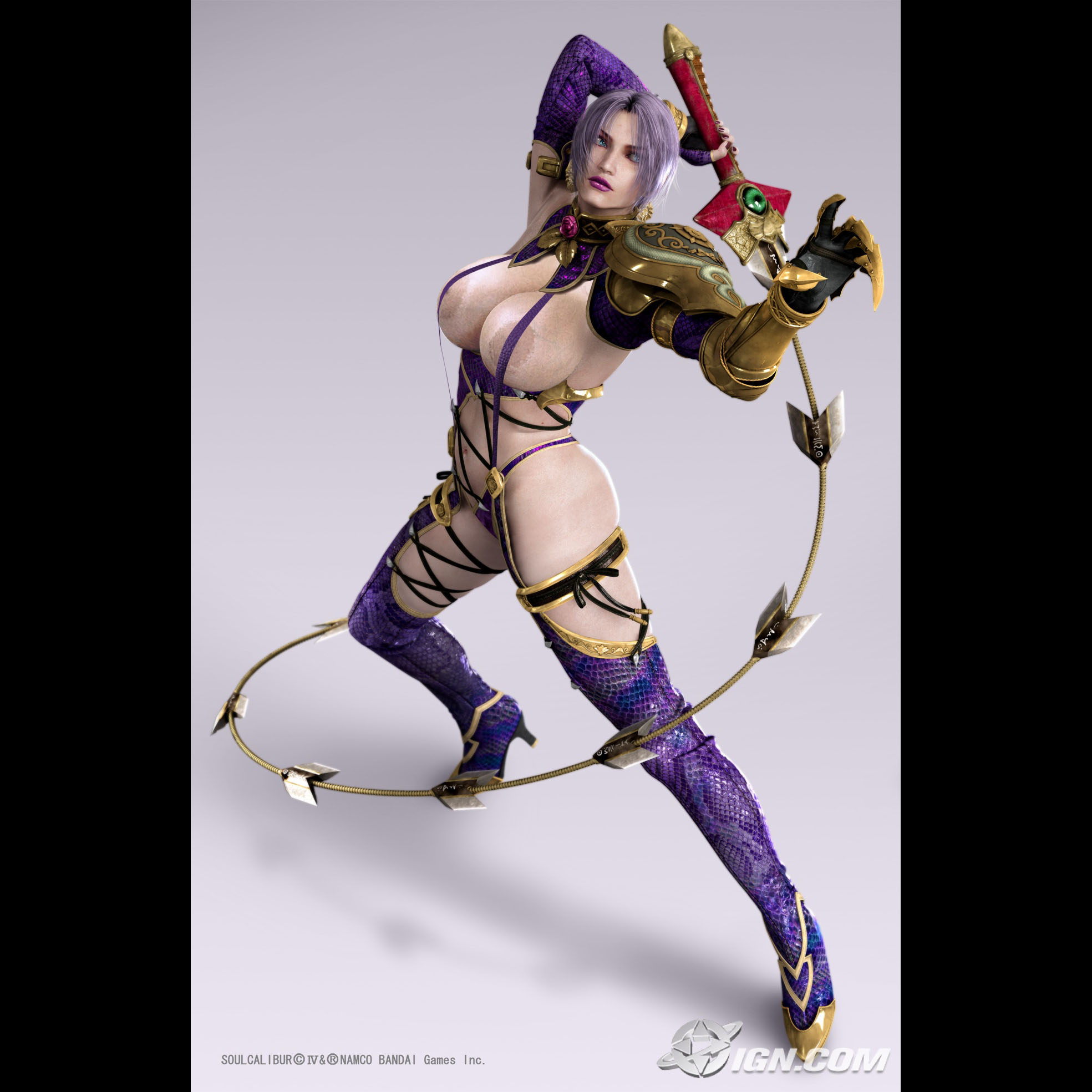 isabella valentine, soul calibur, soulcalibur, soulcalibur iv, highres, third-party edit, 1girl, 3d, breasts, female focus, huge breasts, short hair, solo, sword, weapon, whip sword