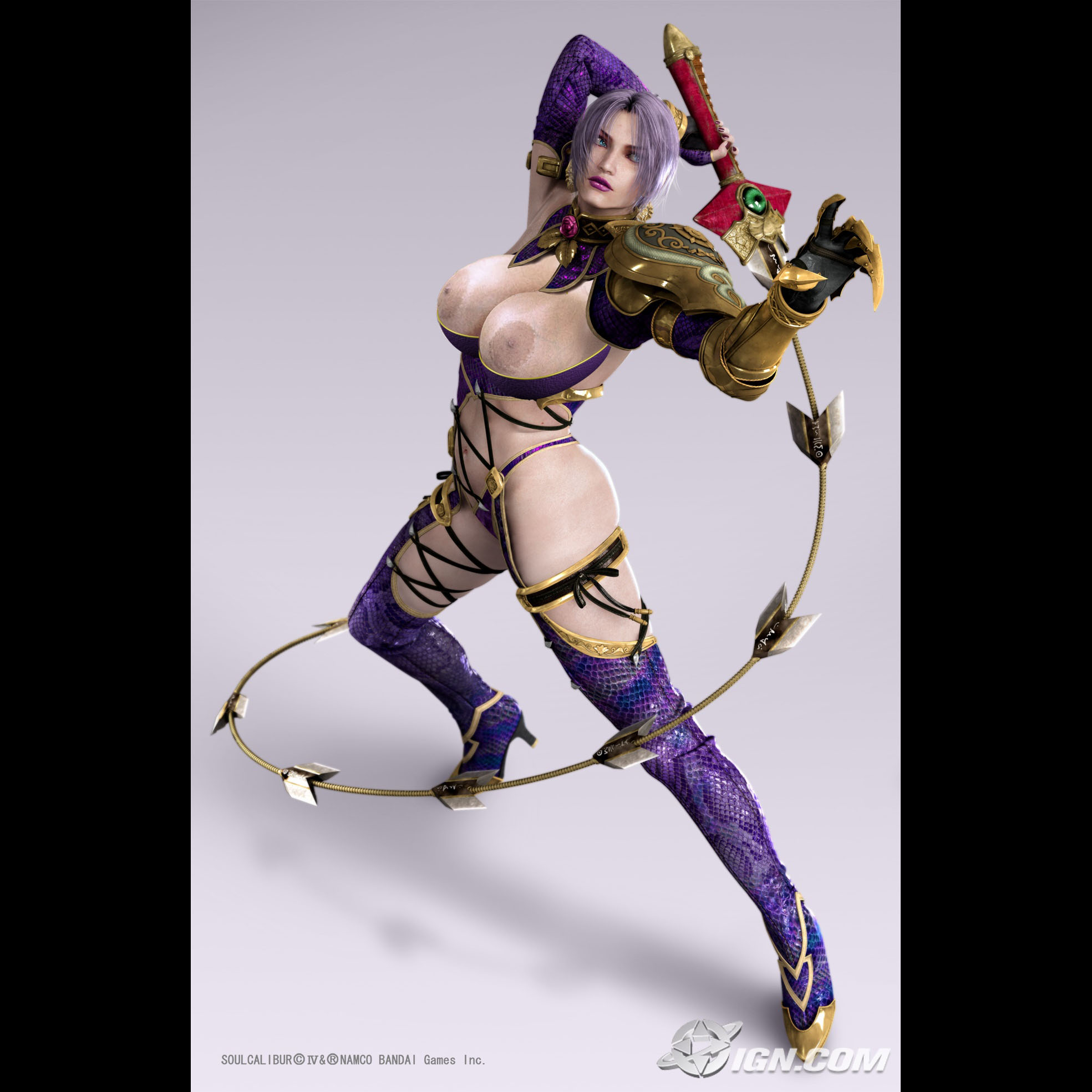 isabella valentine, soul calibur, soulcalibur, soulcalibur iv, highres, third-party edit, 1girl, 3d, breasts, female focus, huge breasts, short hair, solo, sword, weapon, whip sword
