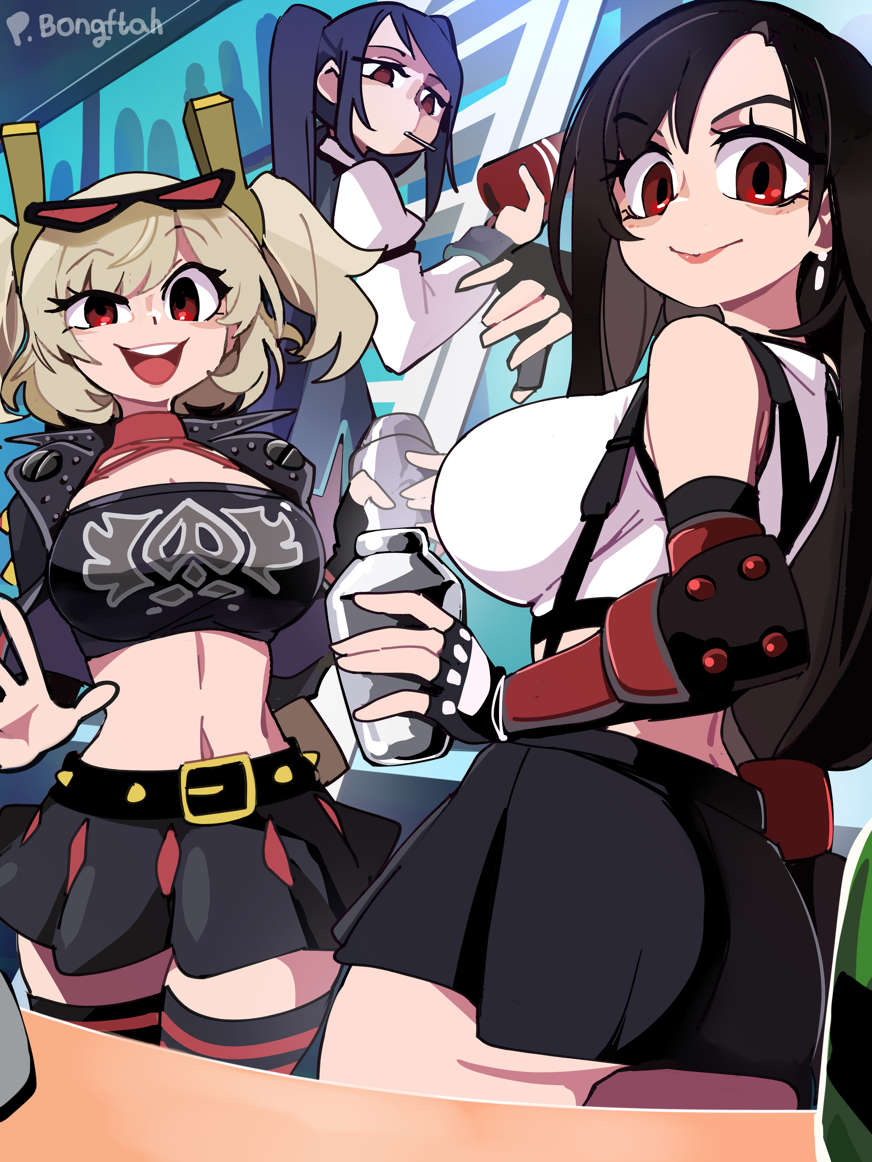 bongftah, burnice white, jill stingray, tifa lockhart, final fantasy, final fantasy vii, final fantasy vii remake, va-11 hall-a, zenless zone zero, absurdres, commentary, highres, symbol-only commentary, 3girls, artist name, ass, bartender, belt, black belt, black gloves, black jacket, black skirt, black thighhighs, blonde hair, breasts, closed mouth, crop top, cropped jacket, crossover, earrings, eyewear on head, fingerless gloves, gloves, hair ornament, holding, indoors, jacket, jewelry, ladder, large breasts, long sleeves, looking at viewer, looking back, medium hair, multiple crossover, multiple girls, open mouth, purple hair, red eyes, skirt, smile, striped clothes, striped thighhighs, sunglasses, teeth, thighhighs, trait connection, two side up, underbutt, upper teeth only