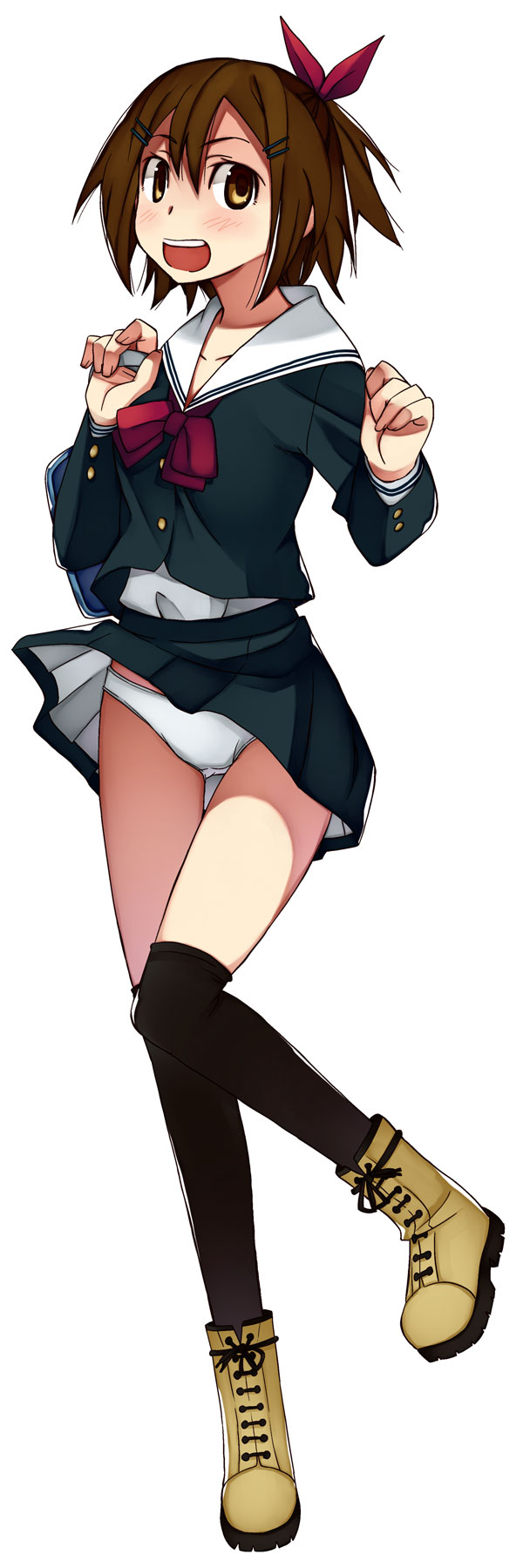 itami sumihito, original, bad id, bad pixiv id, highres, long image, tall image, 1girl, boots, brown eyes, brown hair, female focus, hair ornament, hairclip, miniskirt, panties, pantyshot, school uniform, short hair, skirt, solo, thighhighs, underwear, upskirt, white panties, wind, wind lift