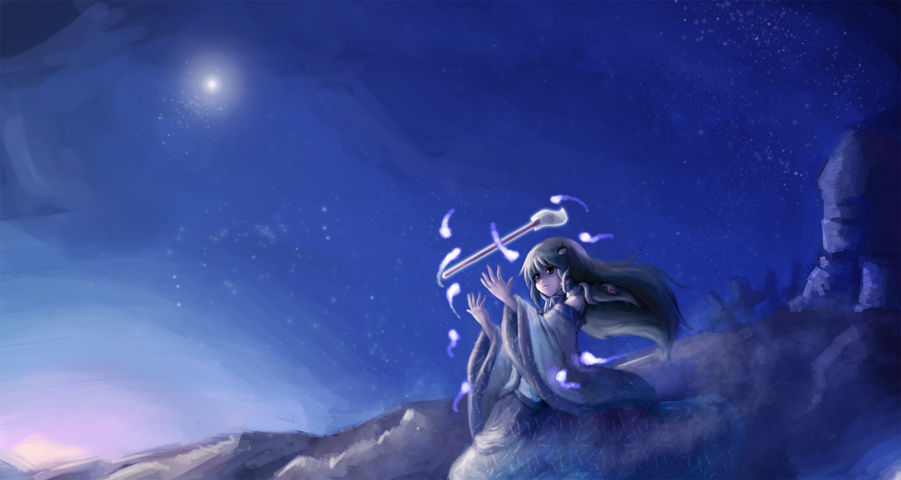 r2sais, kochiya sanae, touhou, bad id, bad pixiv id, highres, 1girl, female focus, gohei, green eyes, green hair, matching hair/eyes, oonusa, sky, solo, star (sky), star (symbol), starry sky