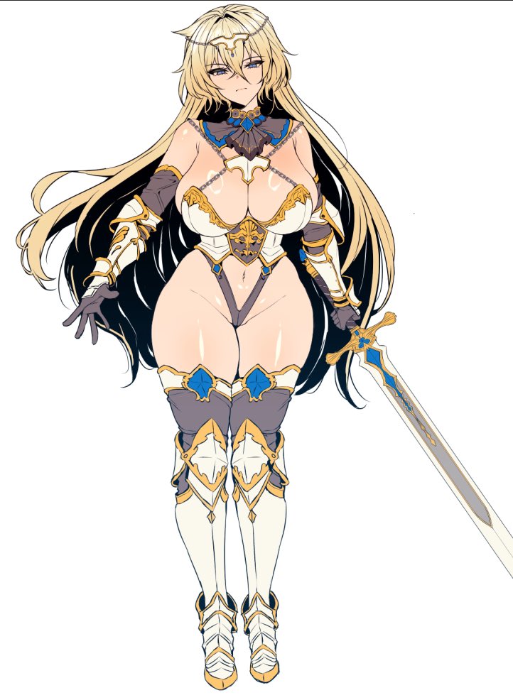 1girl, blonde hair, breasts, large breasts, long hair, solo, sword, weapon