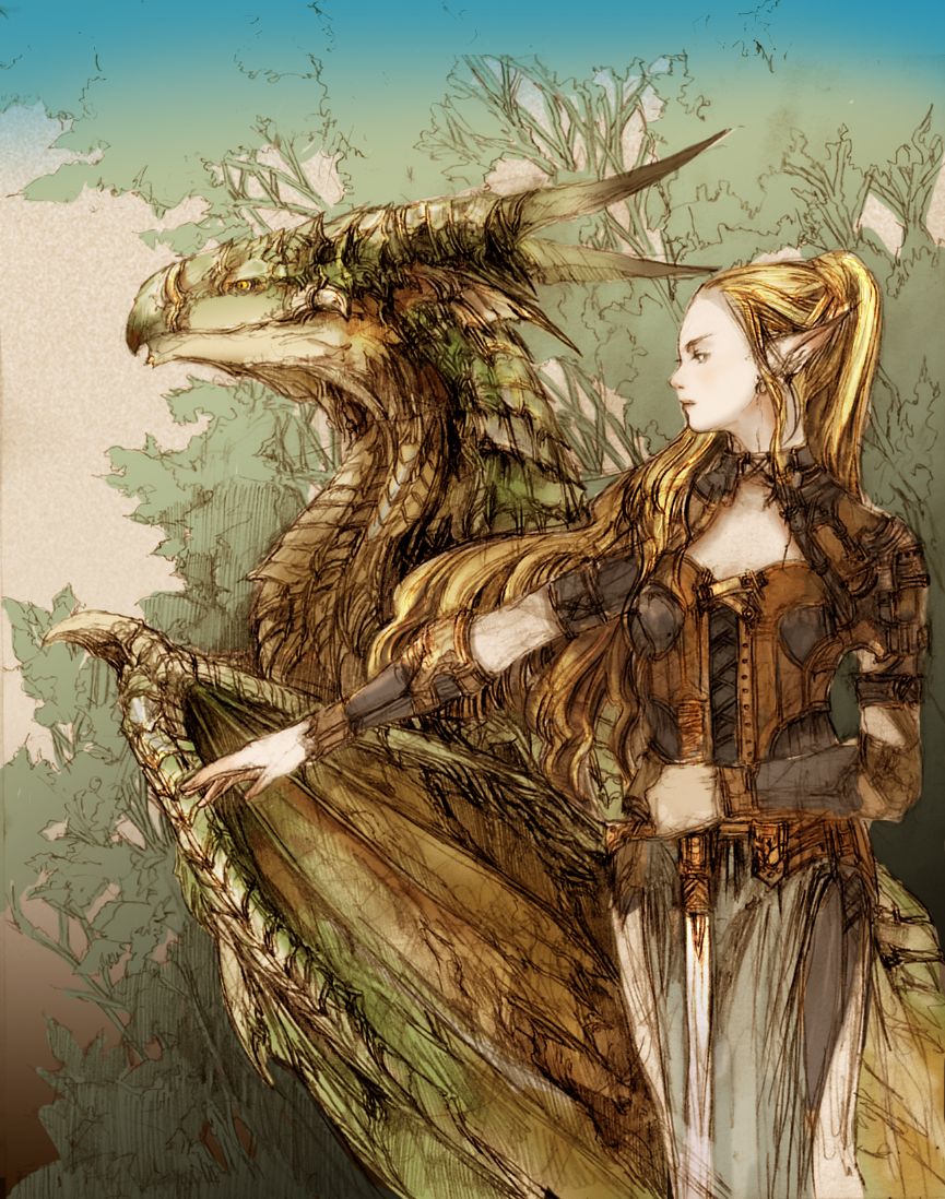 pipiko, armor, blonde hair, dragon, elf, forest, nature, pointy ears, solo, sword, weapon